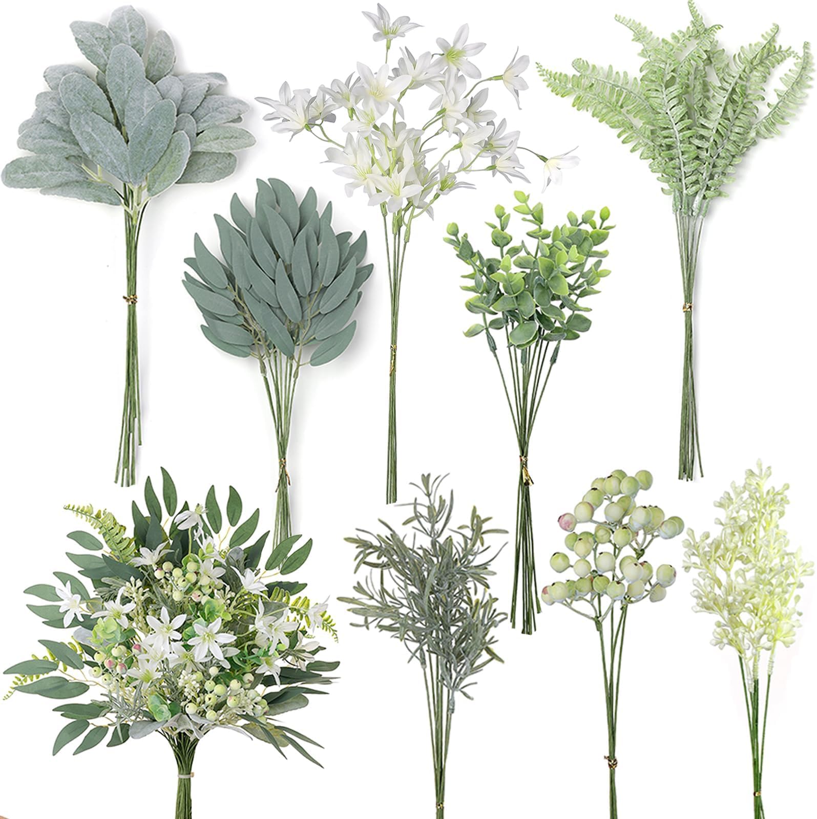 Artificial Greenery Stems Box Set,with 8 Kinds of Faux Plants and Fake Flowers for DIY Bridal Bouquets Wedding Floral Arrangement Table Centerpieces Decoration (Sage Green & White)