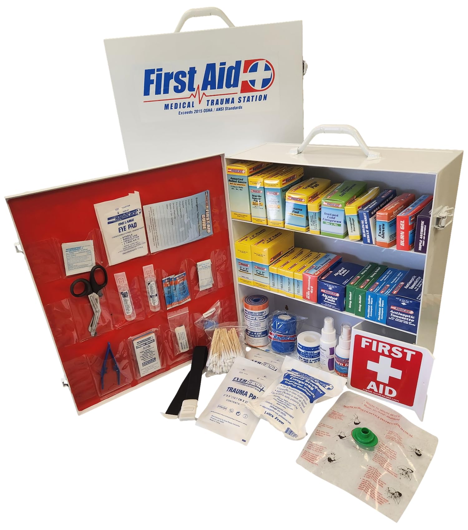 Rapid Care 3-Shelf First Aid Kit Cabinet, Class A+ ANSI/OSHA Compliant – 700+ Pieces – Wall Mountable Steel Cabinet – Serves up to 150 People