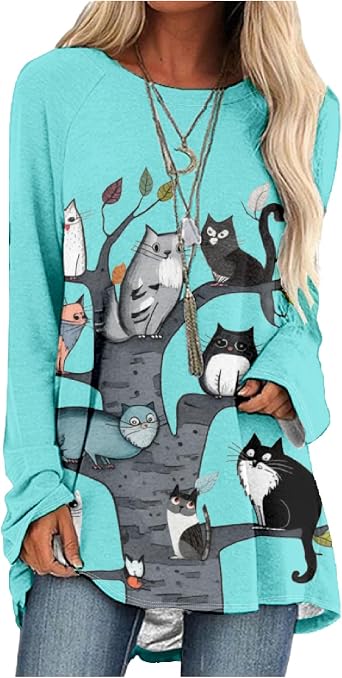 Bengbobar Womens Long Sleeve Cat Sweatshirt Pullover Cute Cats Lover 3D Graphic Sweatshirts Crewneck Casual Loose Shirts