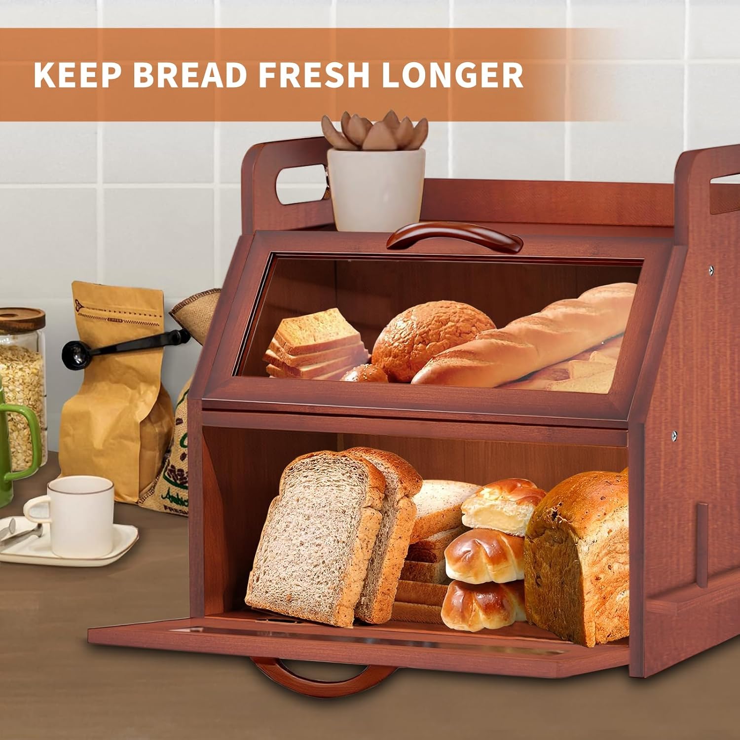 BAMBANG Extra Large Bread Box, Double Layer Bread Box for Homemade Bread, Bamboo Wooden Bread Storage Container with Tool Holder & Handles & Window, Assembly Required(14.9" x 11" x 15.3") Brown