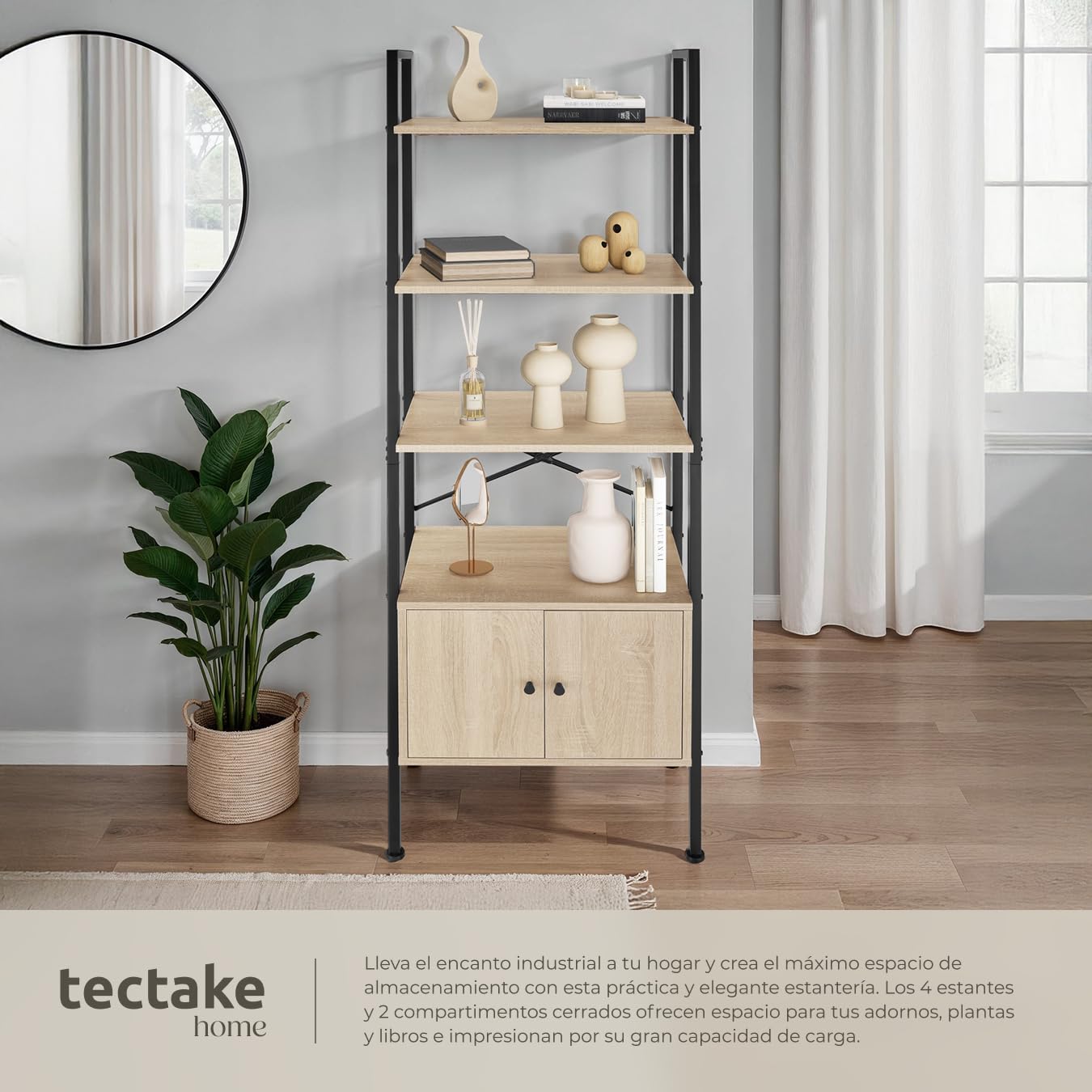 tectake® Estanteria Pared, Estanteria Libros, Mueble Auxiliar Baño con 5 Baldas, Estantería Madera para Oficina y Recibidor - 57,5 x 34 x 173 cm Madera Industrial Clara, Roble Sonoma