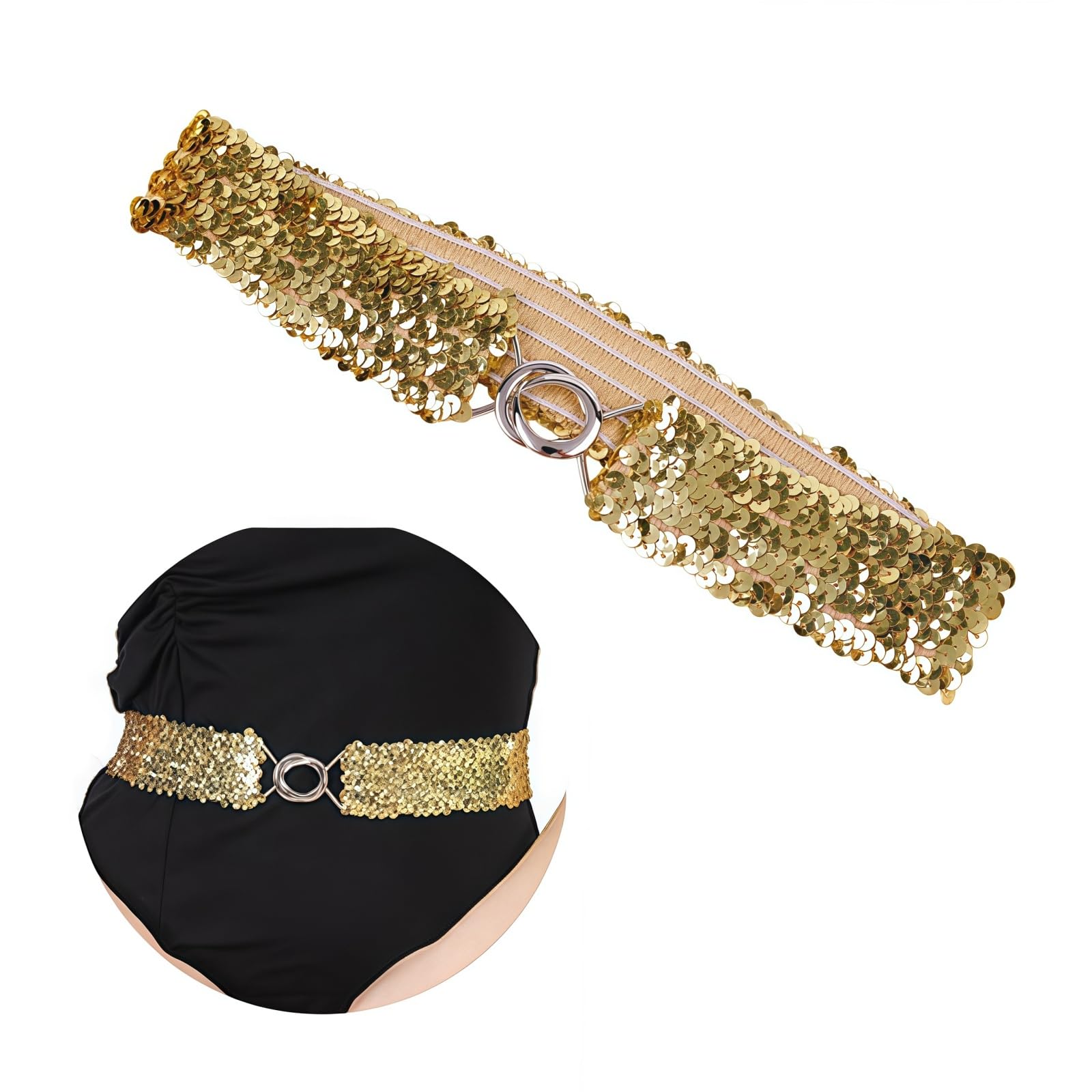 SamHeng Sequin Belts for Women Stretchy Glitter Belt Shiny 80s Belts for women Elastic Waistband Cinch Belt with Metal Buckle for 80s Costume Party Disco Party, Gold