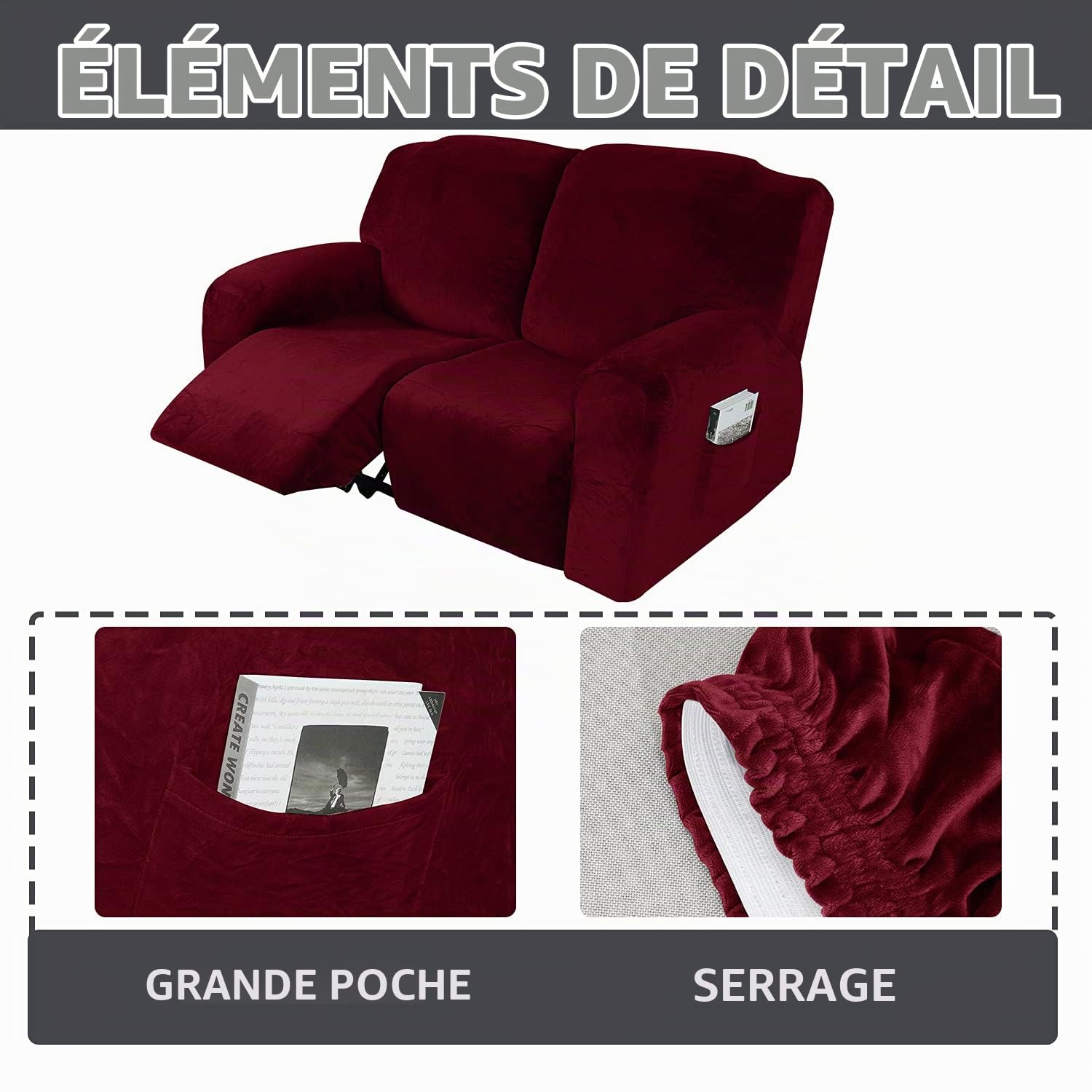 Housse de Fauteuil Inclinable Relax Extensible en Velours - Protecteur Lavable pour Fauteuil de Massage à la Maison (2 Places, 6 Pièces, Vin Rouge)