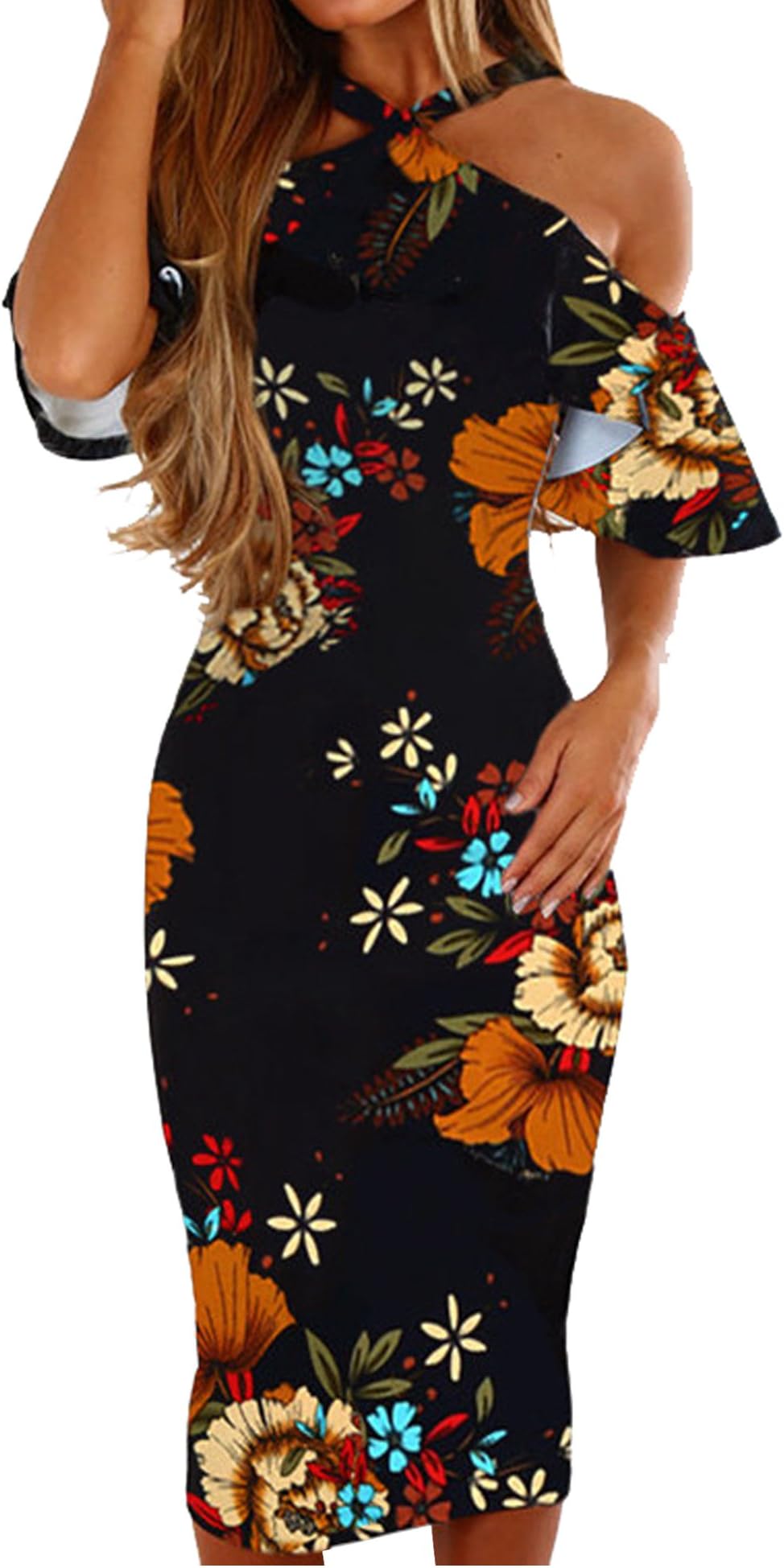 Murimia Women's Cocktail Dresses Floral Ruffle Sleeves Wedding Guest Dresses Midi Bodycon Dress, Black, Small