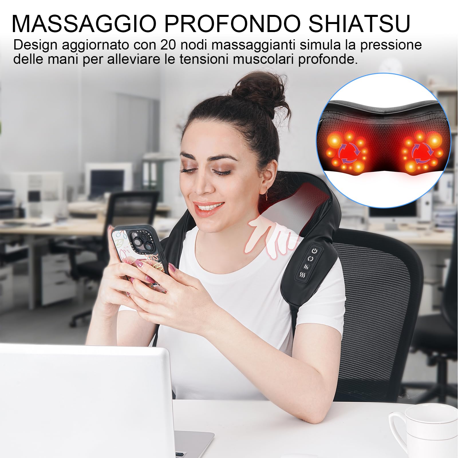 TISSCARE Massaggiatore Collo Schiena con Calore, Cinturino Regolabile per Massaggio a Mani Libere, Massaggiatore Spalle Shiatsu 3D, 20 Nodi, per Gambe Lombare, Casa Ufficio Auto