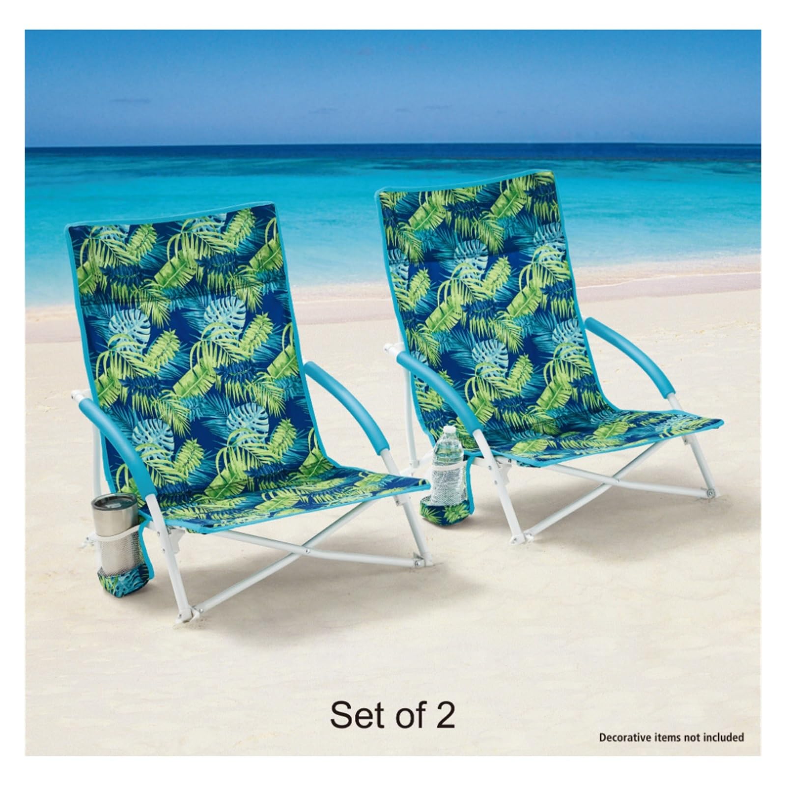 Tische und Stühle, 2er-Pack, zusammenklappbar, niedrige Passform für Sitz, weiche Armlehnen, Strandtaschenstuhl mit Tragetasche, grüner Palmen-Klappstuhl, Faltbarer Liegestuhl, verstellbar (B)