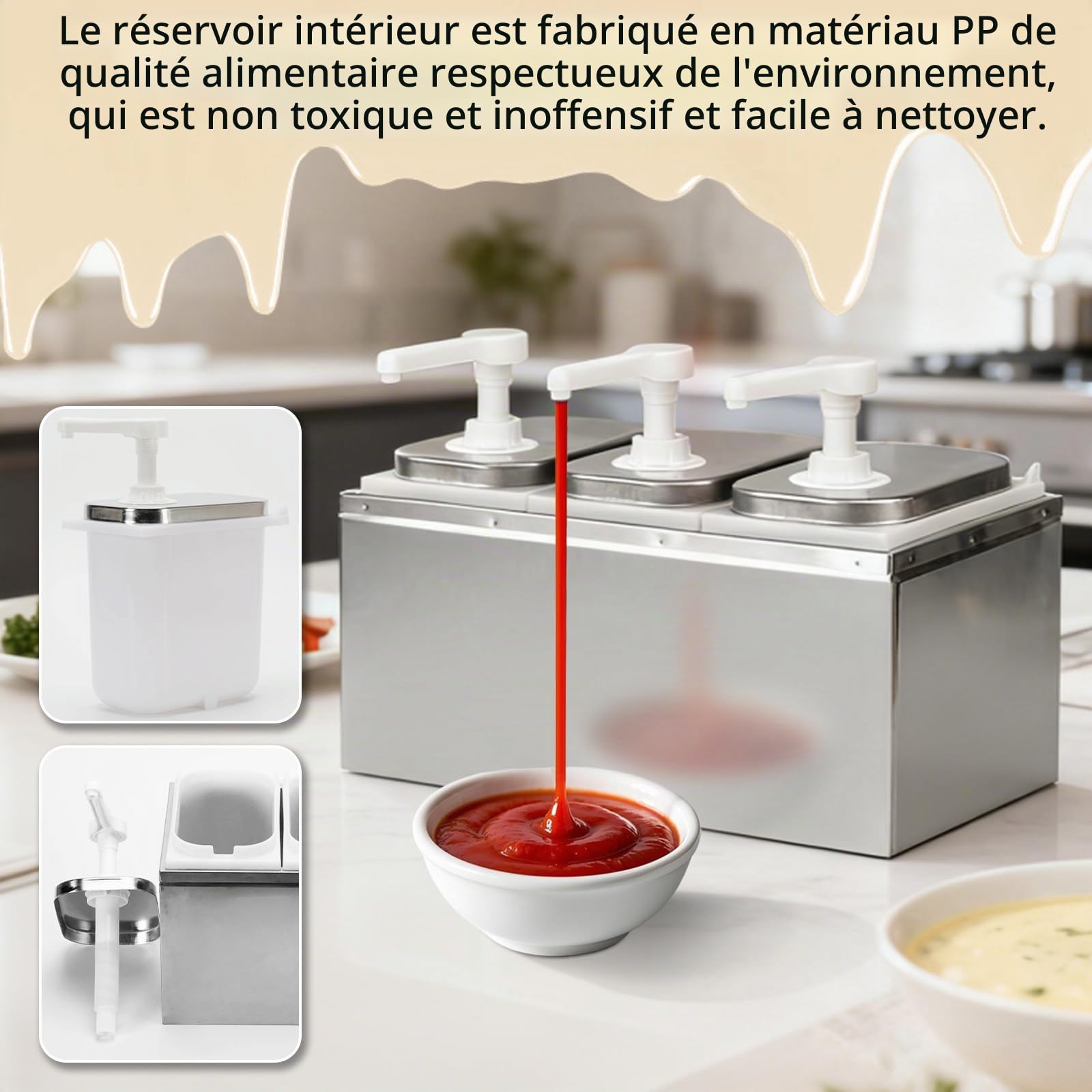 Distributeur de sauce - 6 l - 3 distributeurs de sauce de 2 l | Pompe pour ketchup vinaigrette, mayo, miel, sauce soja, vinaigre, pompe doseuse pour cuisine, restaurant - 3 pompes
