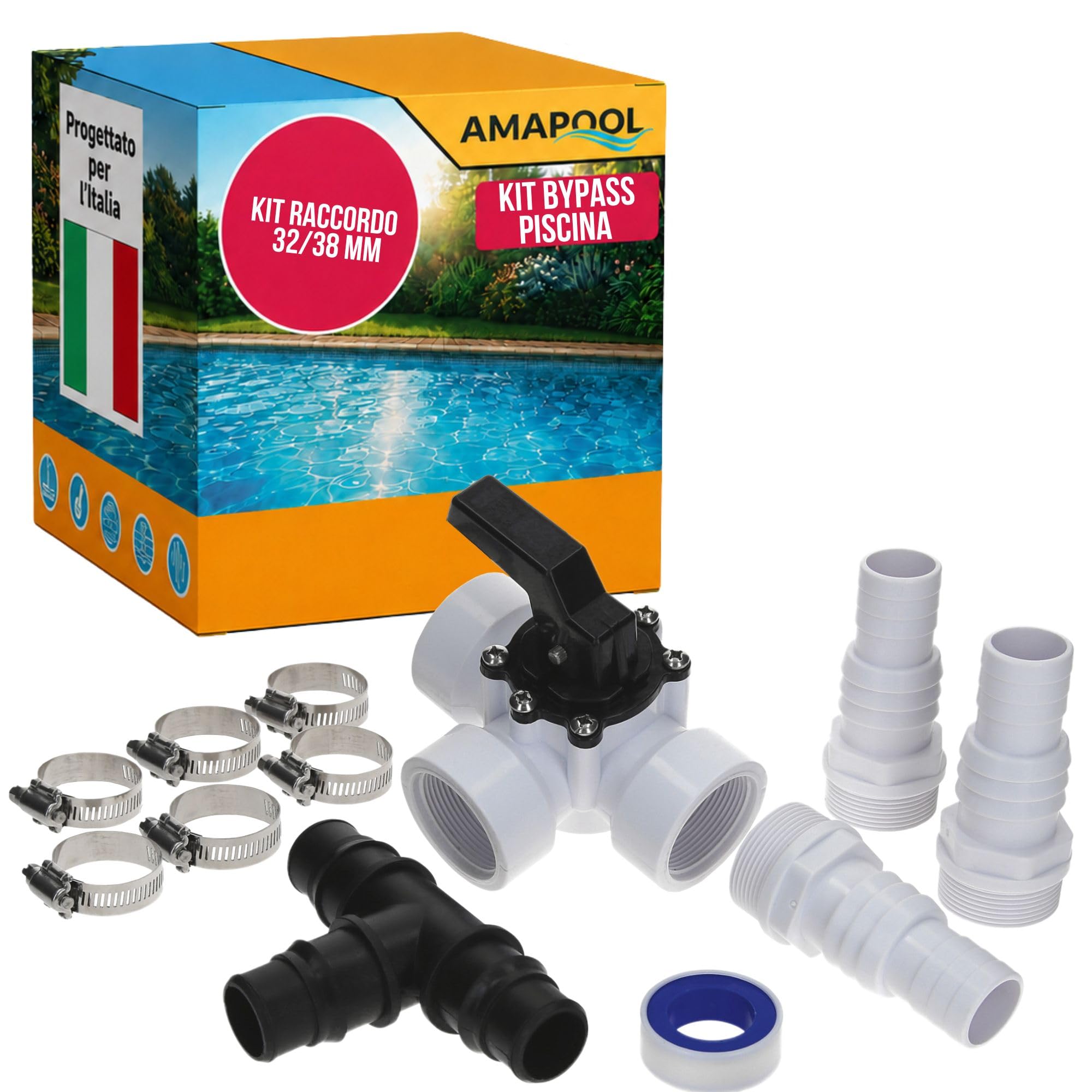 Amapool Set bypass piscina 12 pezzi I Set per sistema di riscaldamento piscina e filtro a sabbia I Valvola a 3 vie piscina I Set di collegamento piscina