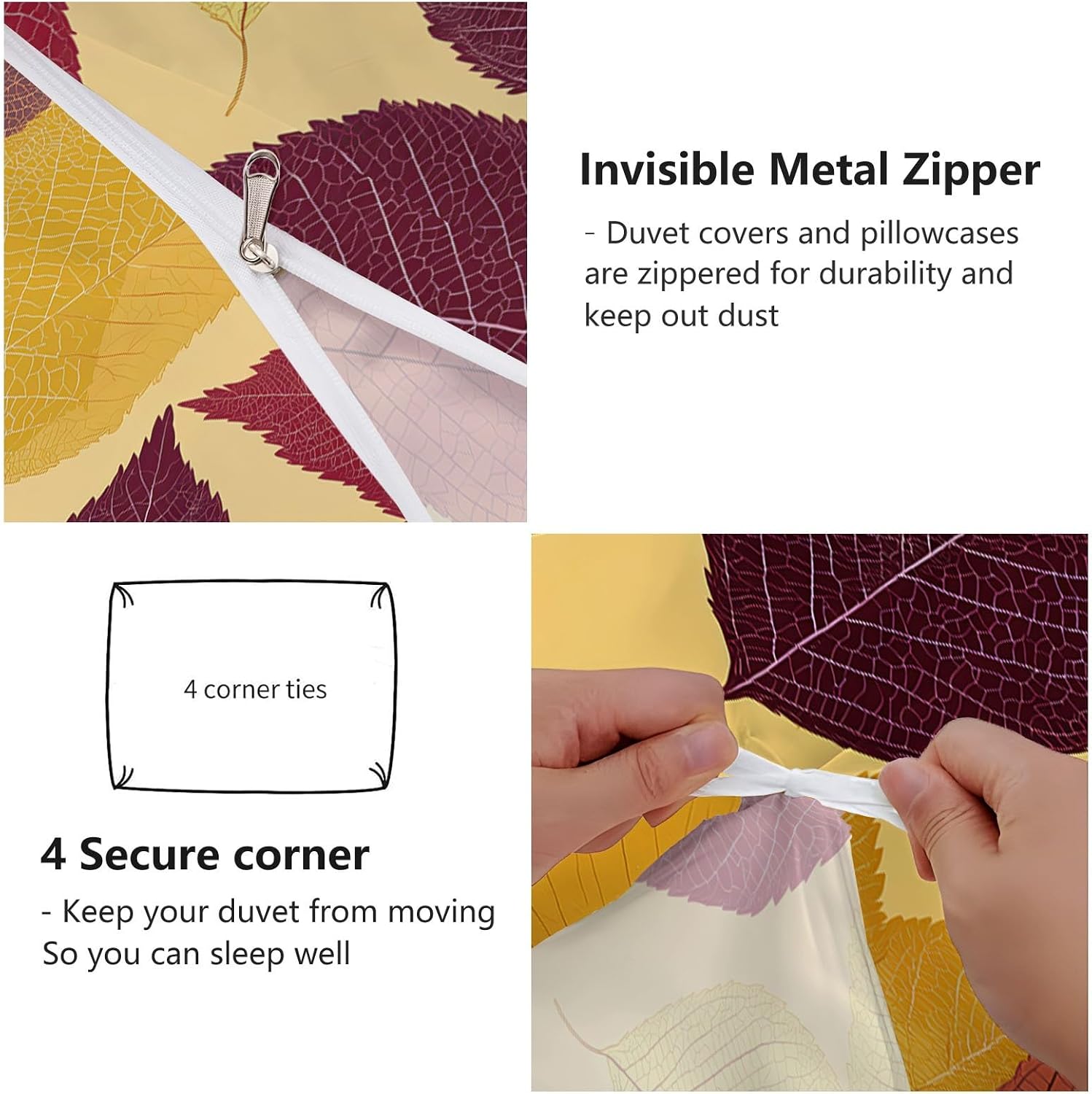Duvet Cover Sets Retro Plants Lines Leaves Reversible Bedding Printed Comforter Sets, Queen Size 90"x90" Bedding for Kids Boys Girls Adult, Quilt Cover with Zipper Closure 4 Ties, Yellow Brown