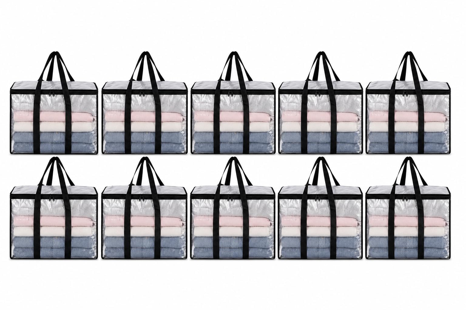 Oversized Storage Bags with Zip & Handles – Large Clear Clothes Storage Organiser Bags for Bedding, Duvets, Blankets, Clothes & Moving House – Heavy Duty Foldable Storage Containers (Pack of 10)