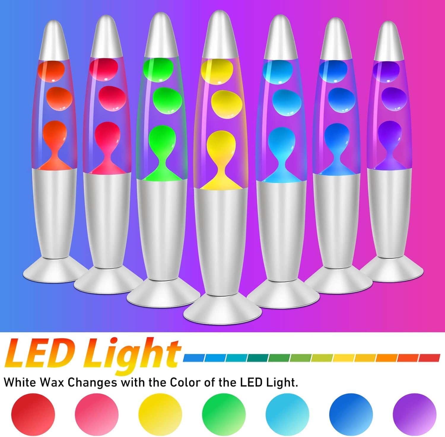 CELLUSTOP Lampa lawowa z ruchem płynnym z woskiem – lampka nocna lawa – lampa magma z ruchem płynu – żarówka w zestawie – przełącznik – 20 W – 34 cm – szkło i aluminium – wielokolorowa LED