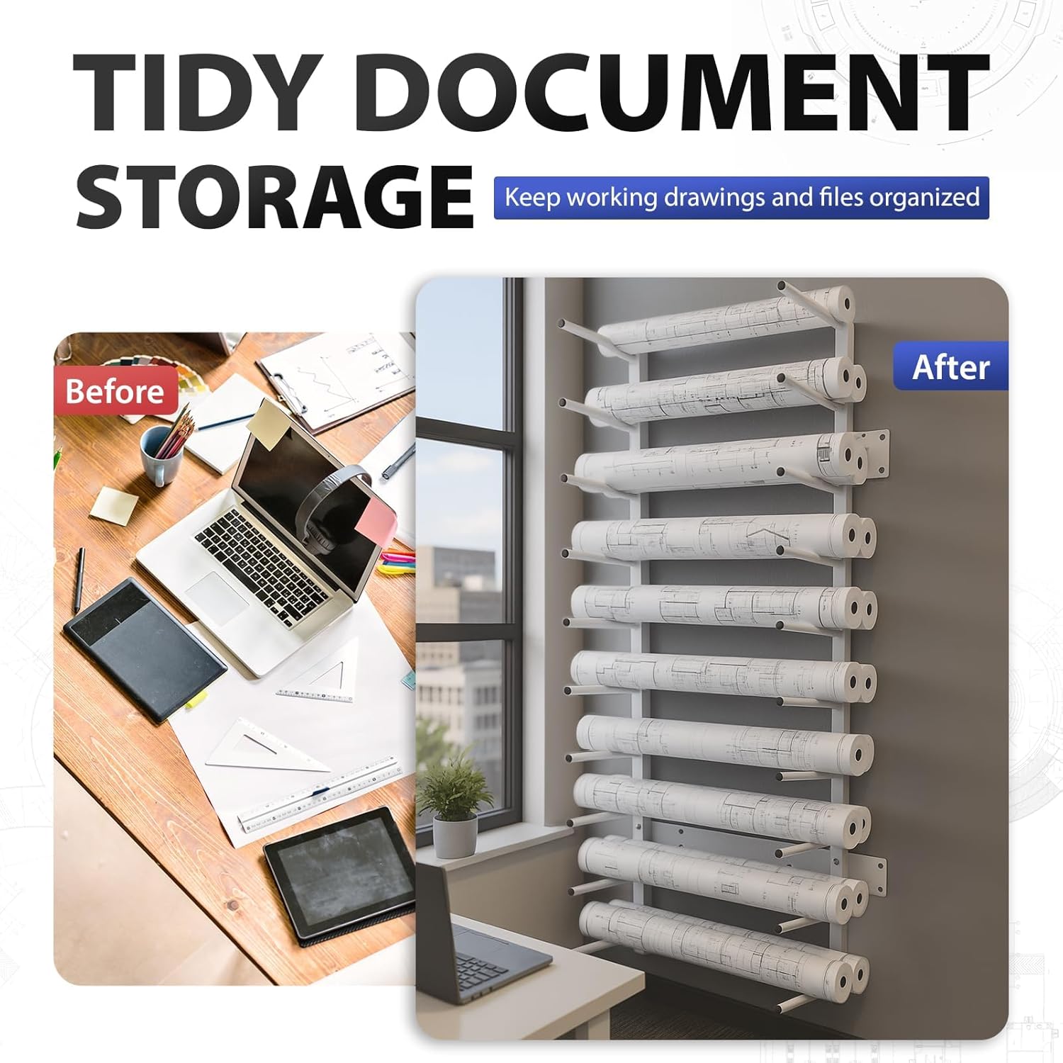 Wall Mount Blueprint Storage Rack Hanging File Roll Poster Display Rack Heavy Duty Roll File Holder for Construction Plan Posters Vinyl RollsHigh Map Capacity 320 lbs