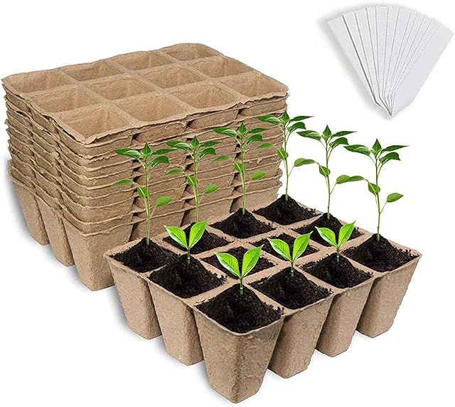 Seed Starter Peat Pots, 12 PCS (144 Cells) Premium Biodegradable and Organic Germination Seedling Trays Kit for Indoor Outdoor Plants, with 20 Plastic Plant Labels