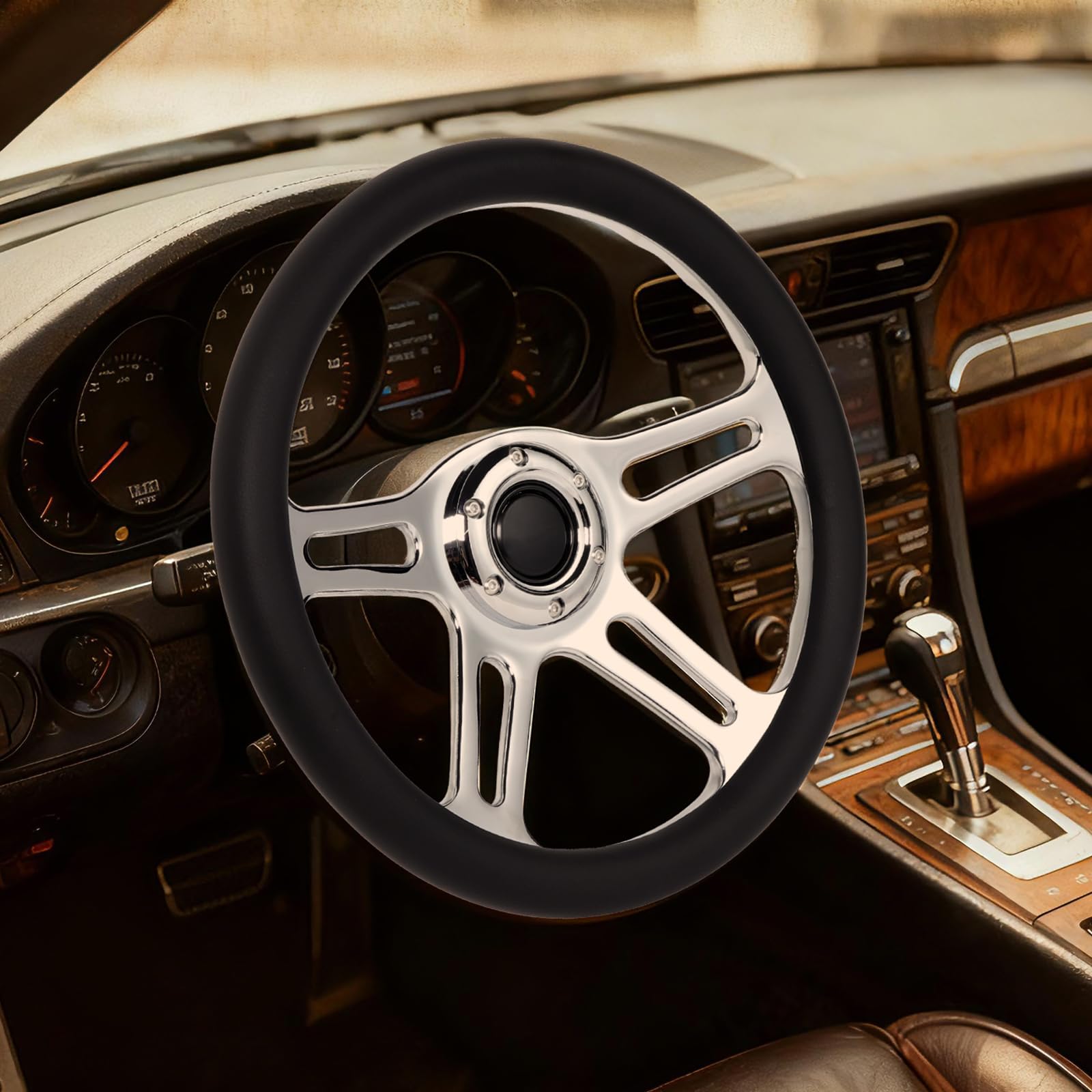 14inch Steering Wheel 350mm 4-Spoke 6-Bolt Chrome-Plated Aluminum Alloy, Deep Dish 70mm, 6-Bolt Fit for Racing, Cars, with Horn Button Classic Leather Grip 14'' Universal Steering Wheel