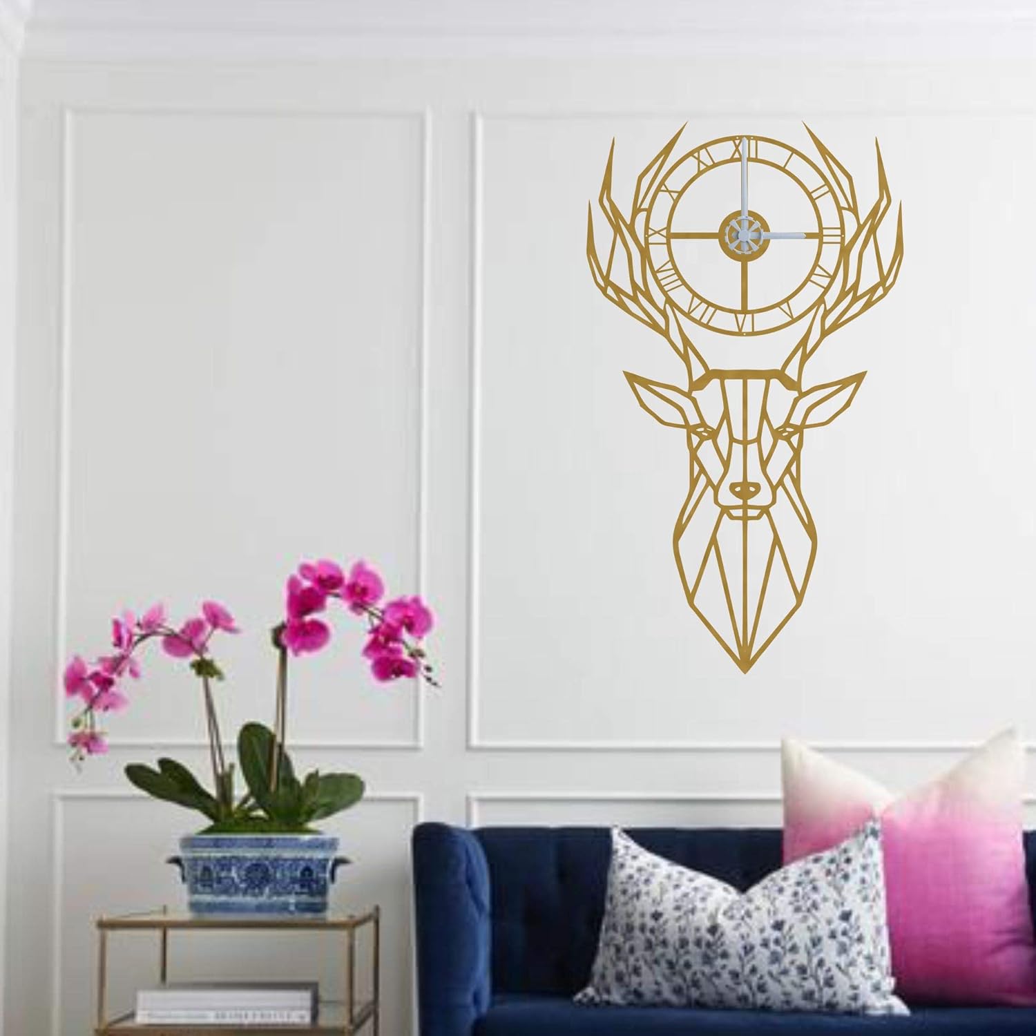 DEKADRON Metal Wall Clock, Metal Deer Head, Metal Wall Art, Metal Wall Decor, Geometric Wall Art, Wall Clock with Numbers (White)