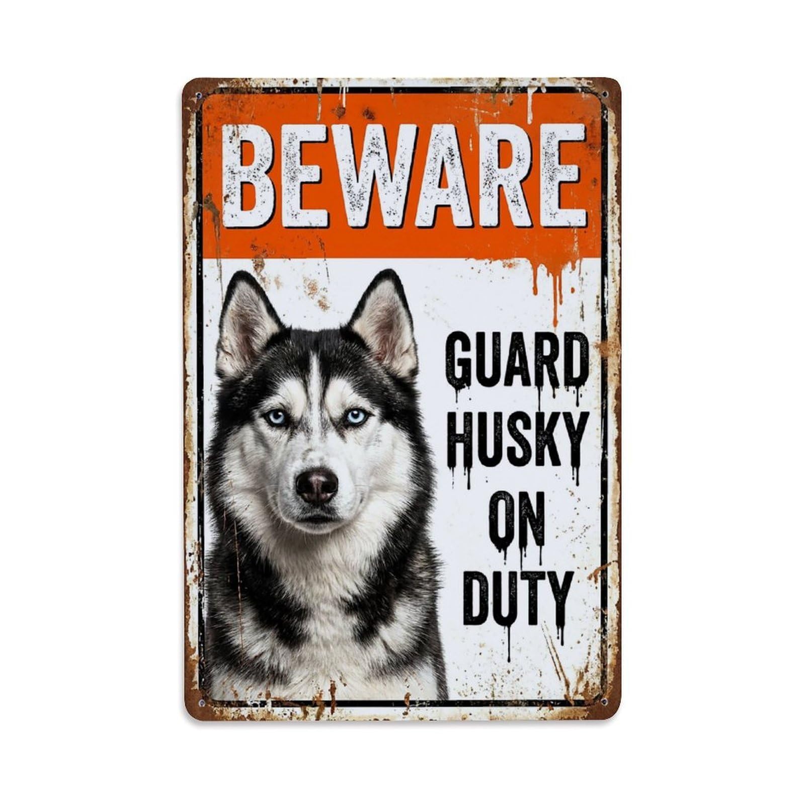 Vintage Funny Husky Guard Beware of Canine Porch Metal Tin Sign Plaque Wall Decor for Cafe, Club Bar, Office, Garden Metal Poster 8x12Inch