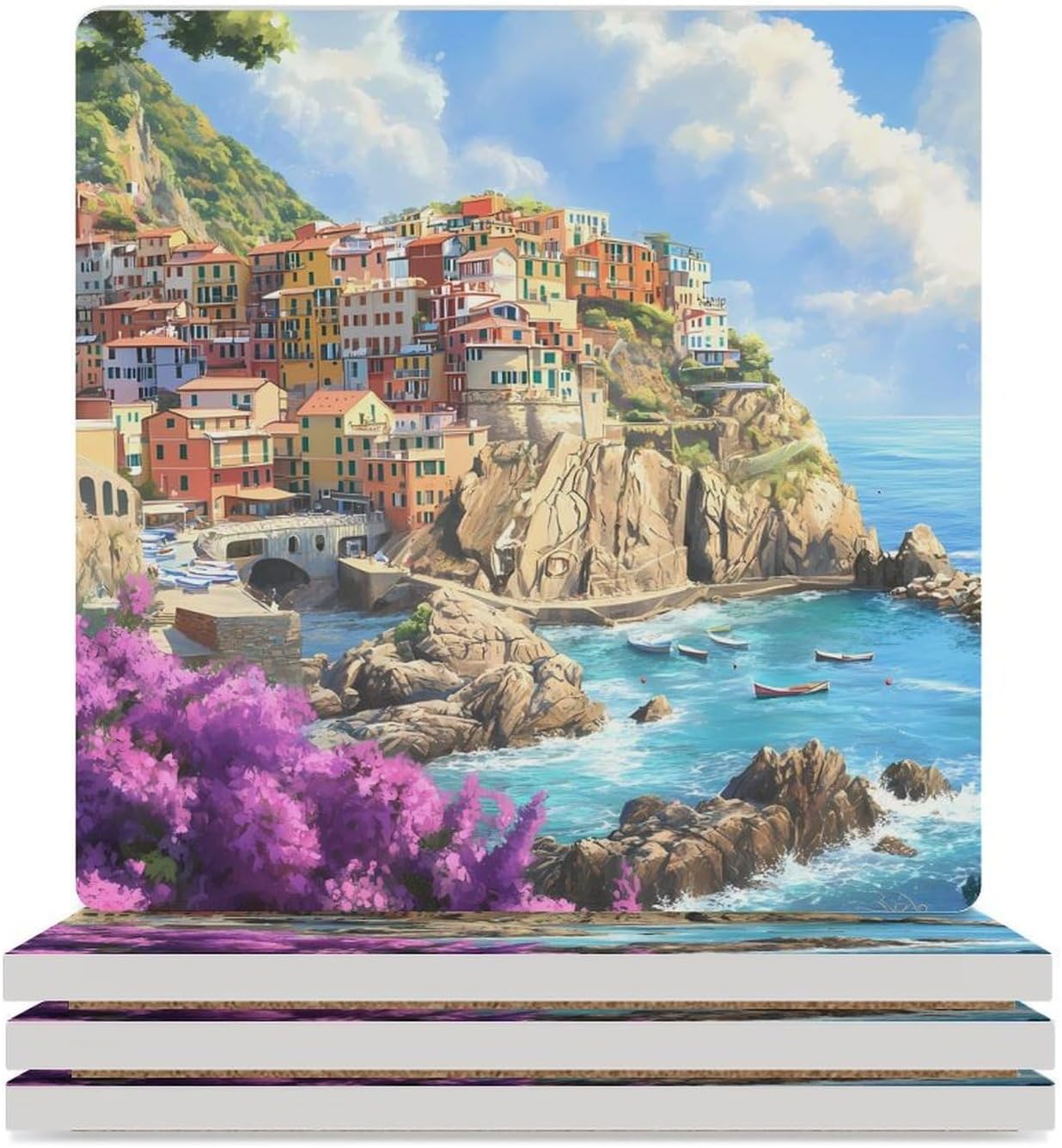 Italy Coast Cinque Terre Funny Ceramic Coasters for Drinks Absorbent Cup Holder Tabletop Protector with Cork Base