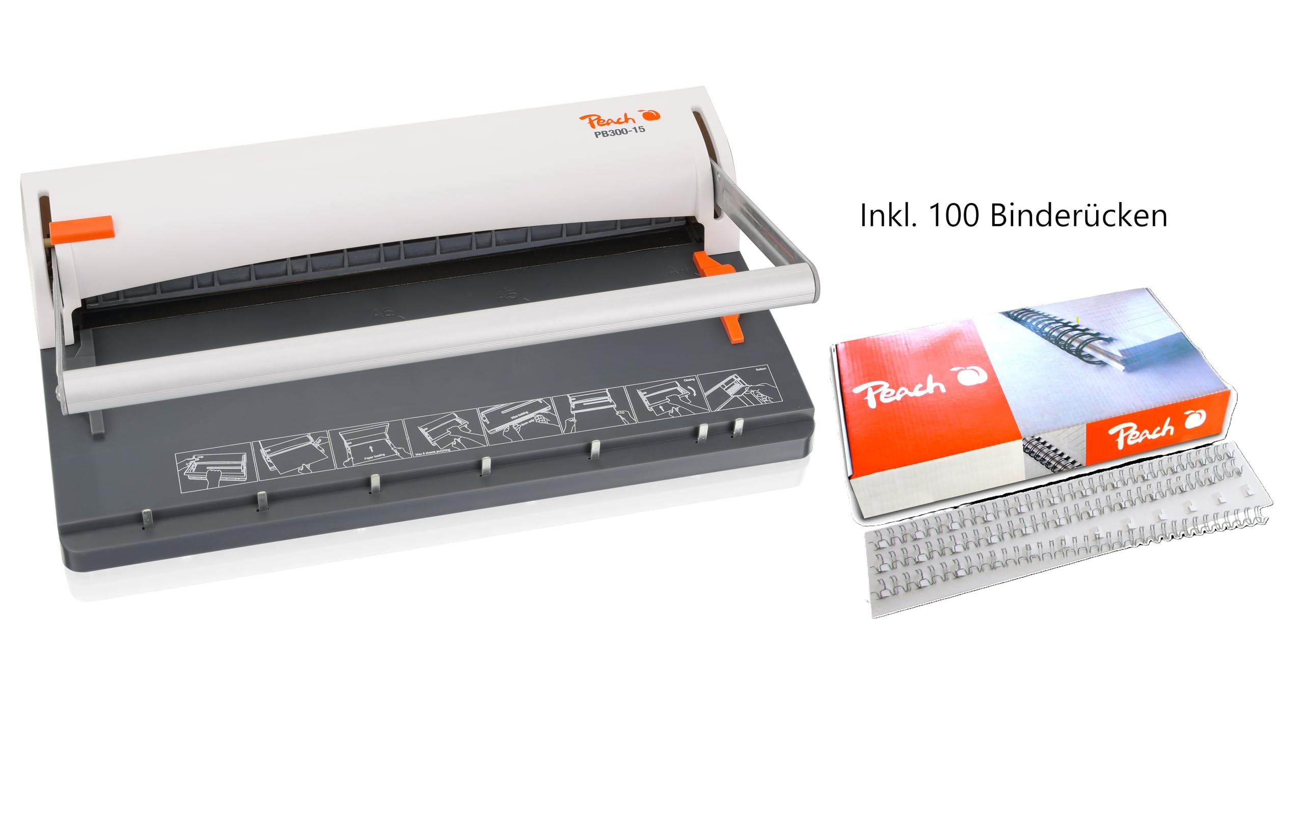 Peach Draht Bindemaschine - bindet 60 A4 Seiten - inkl. 100 Drahtbinderücken - 6 Blatt Stanzkapazität - PB300-15P1