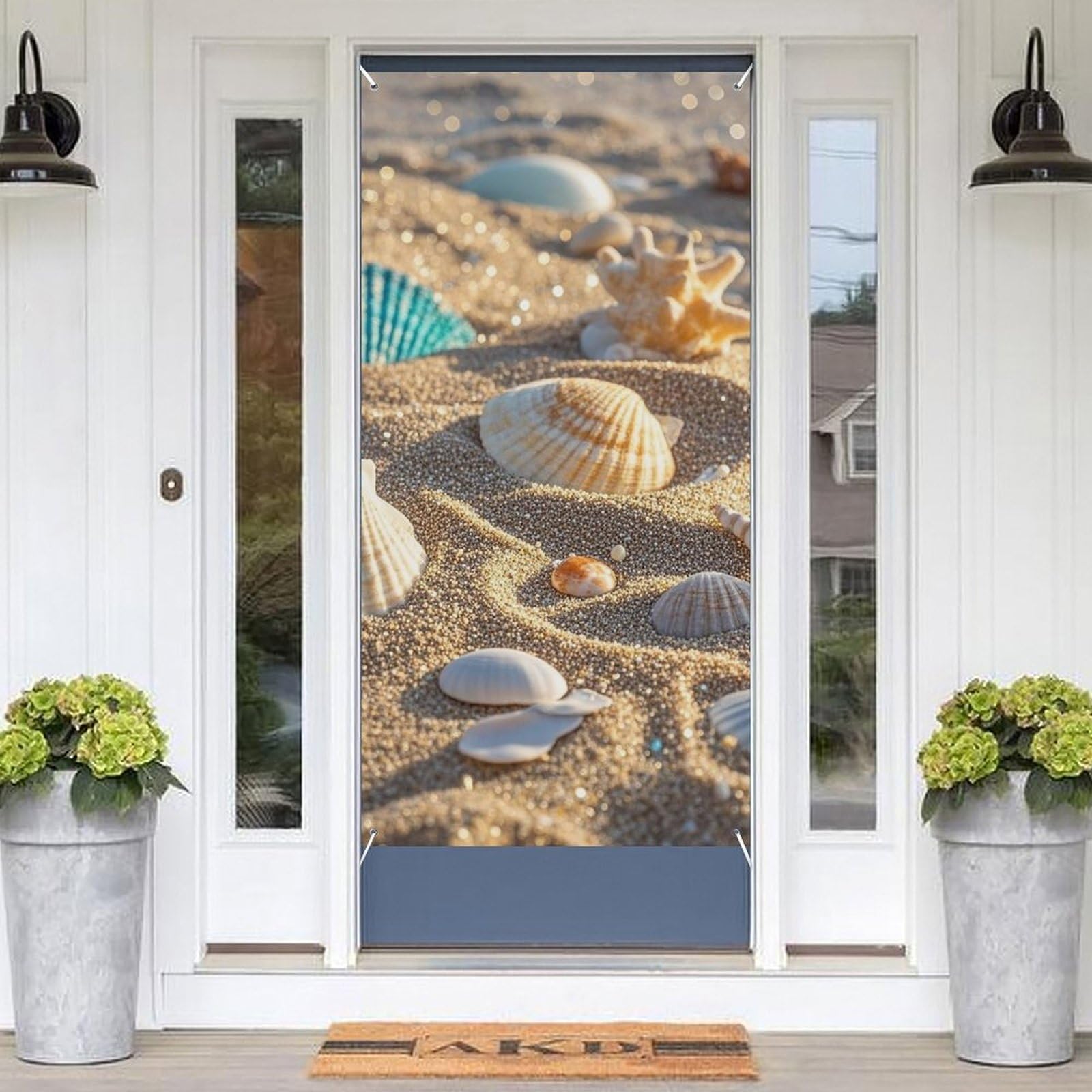 KLOPH Door Cover Decoration Welcome DoorBanner Porch Sign Photo Background Door Curtains for Doorway Privacy Window Curtain Seashells Sand Porch Cover Indoor Outdoor Decor 70.9x35.4in
