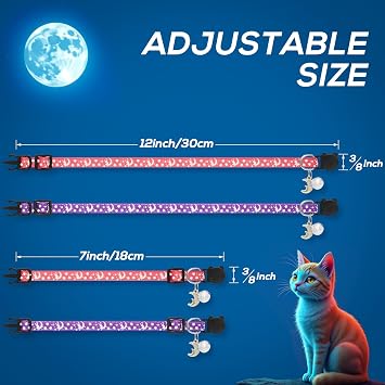 LAFAYI 4 PCS Breakaway Cat Collar with Bell Moons Stars,Kitten Collar and Adjustable with Pendant Glow,Cute Kitty Collar for Girl Boy Cats,Pet Gifts,Accessories(4 Colors)