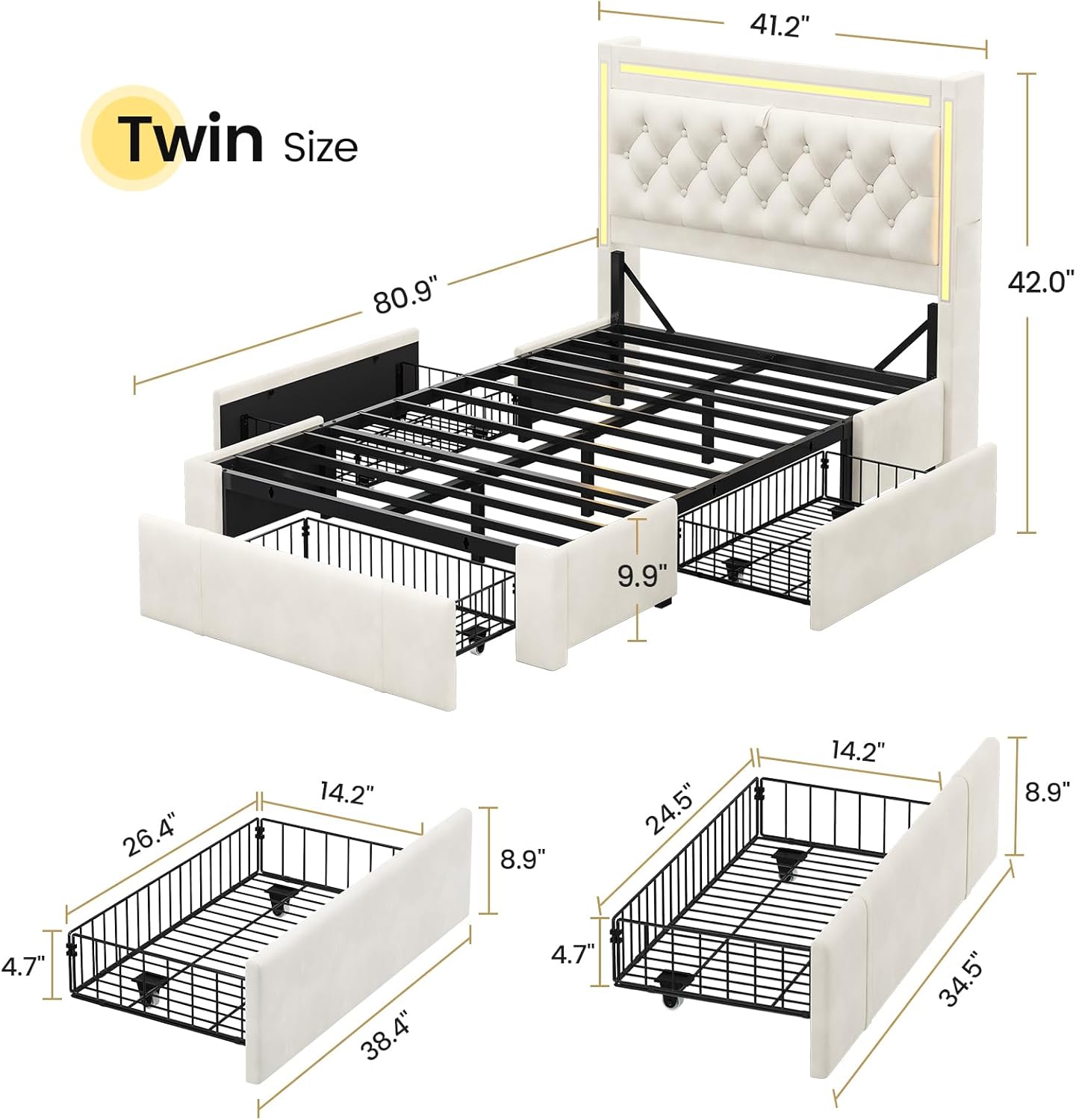 Diagram showing the dimensions of the BTHFST Twin Bed Frame
