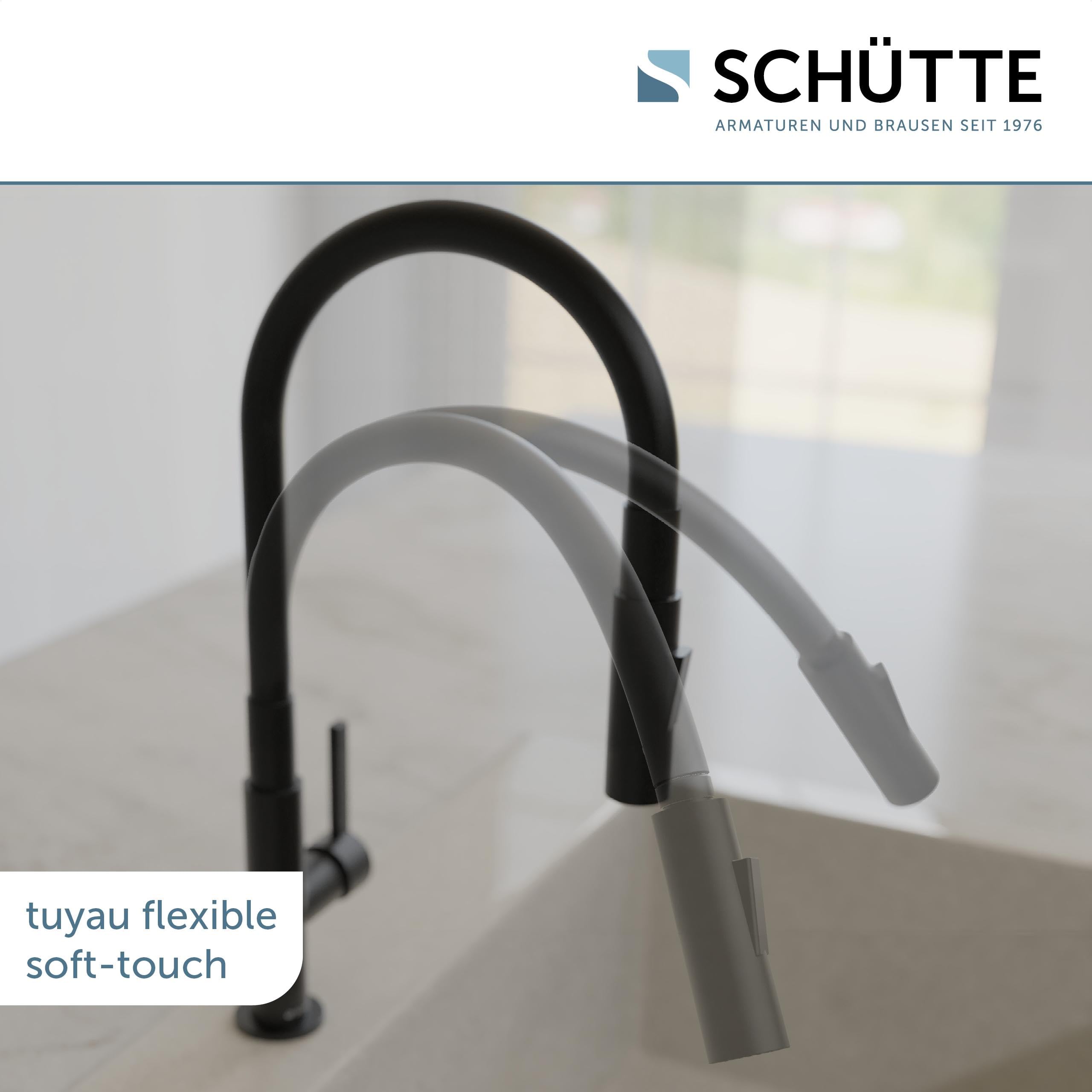 Schütte Glasgow Robinet de Cuisine Flexible - Eco-Click, Pivotant 360° | Robinet mitigeur cuisine noir, tuyau robinet doux au toucher, démarrage à froid économe, kit de montage inclus
