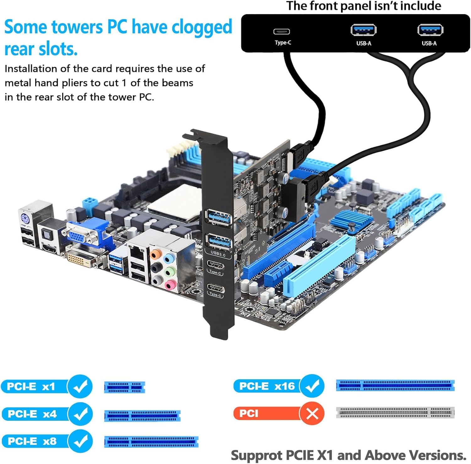 Carte PCIe USB 3.0, 6 Ports (2X Type-C, 2X Type-A, 2 Ports Internes), Carte d'extension pour PC de Bureau Compatible Windows 10/8/7/XP