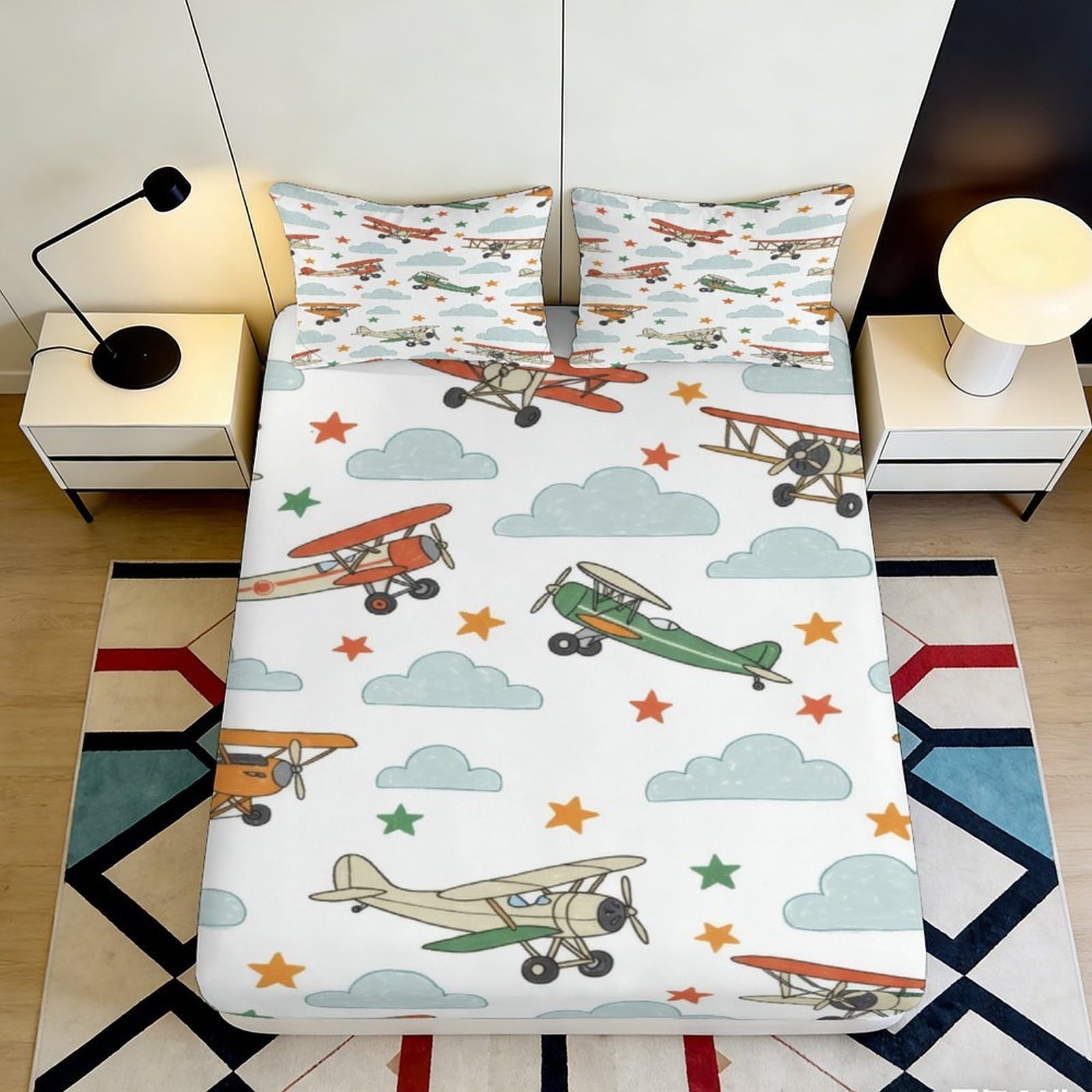 3D Printed Vintage Airplane Fitted Sheet Microfiber Soft Breathable Cloud Star Mattress Cover for Bedroom Dorm Mattress Protection Decor 180x200x25cm