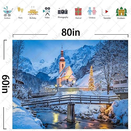 Miniatura 7 de Aidatain Tapiz europeo de invierno  Alpes bávaros montañas nevadas y paisaje de pueblo austriaco, tamaño 80 pulgadas de largo x 60 pulgadas de