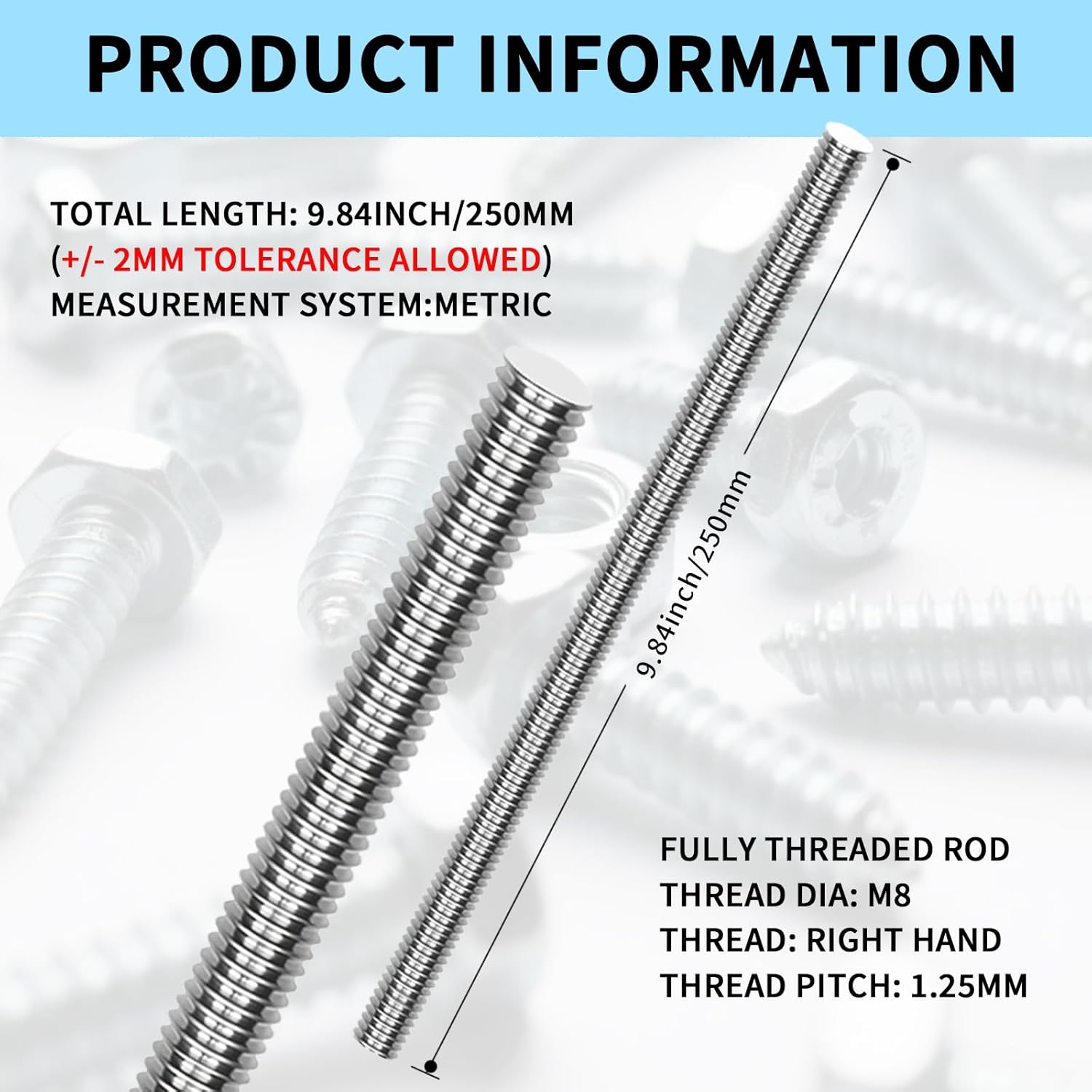 5 Pcs M4-0.7 Fully Threaded Rods 304 Stainless Steel Threads Studs Rods Long Threaded Screw Right Hand Threads, 250mm Length
