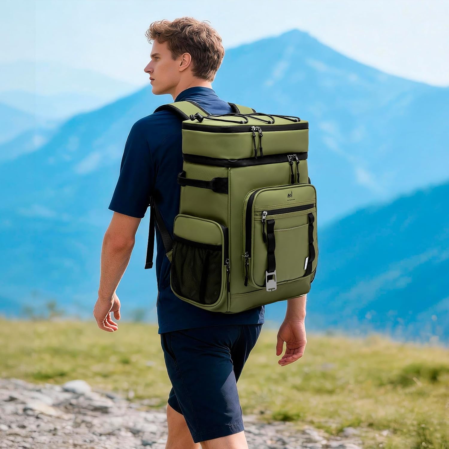 NOL Natural Organic Lifestyle Double Deck Large Waterproof Insulated Cooler Backpack for Men & Women, 32L/57 Cans Leak Proof Cooler Lunch Backpack for Picnic, Camping, Beach, Outdoor, Amy Green