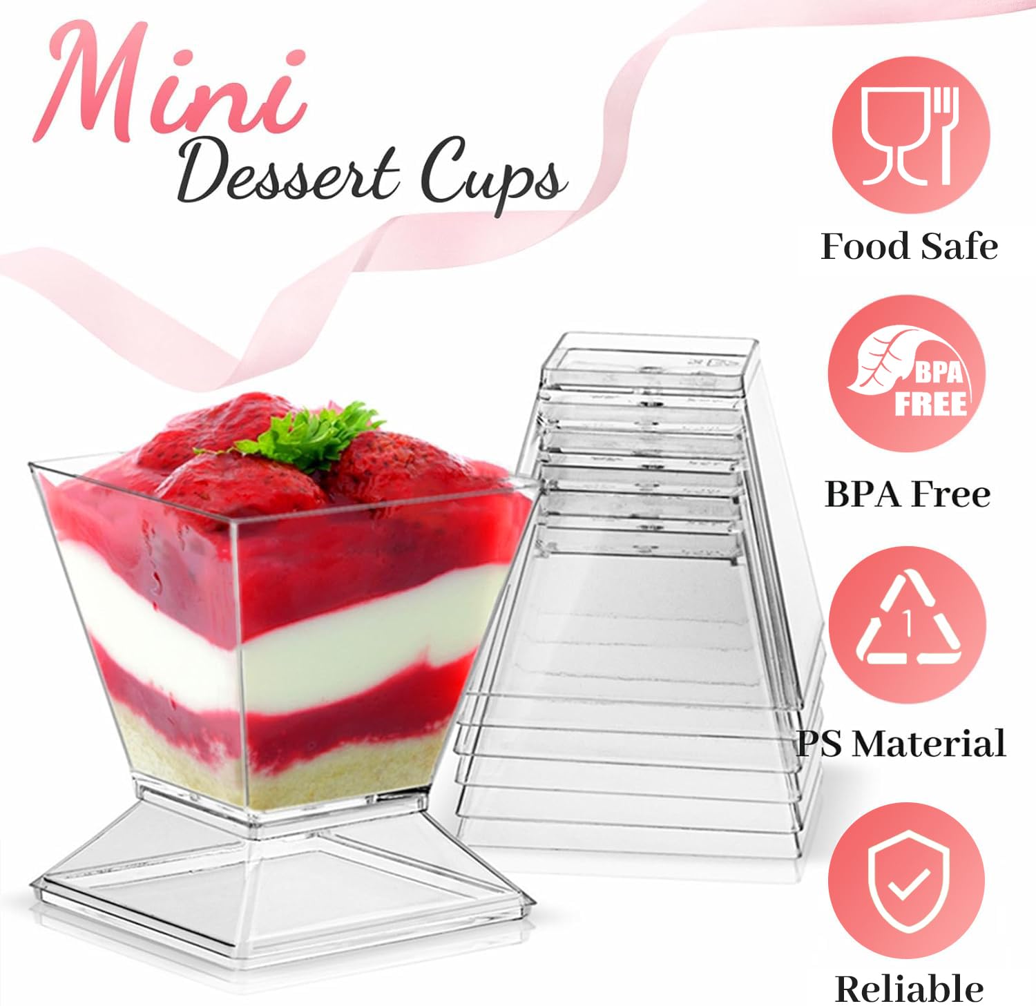 TOFLEN Paquete de 50 mini vasos de postre de 3.5 onzas con tapas rígidas y cucharas, vasos cuadrados de plástico transparente para servir postres, vasos para servir aperitivos de parfait y vasos de