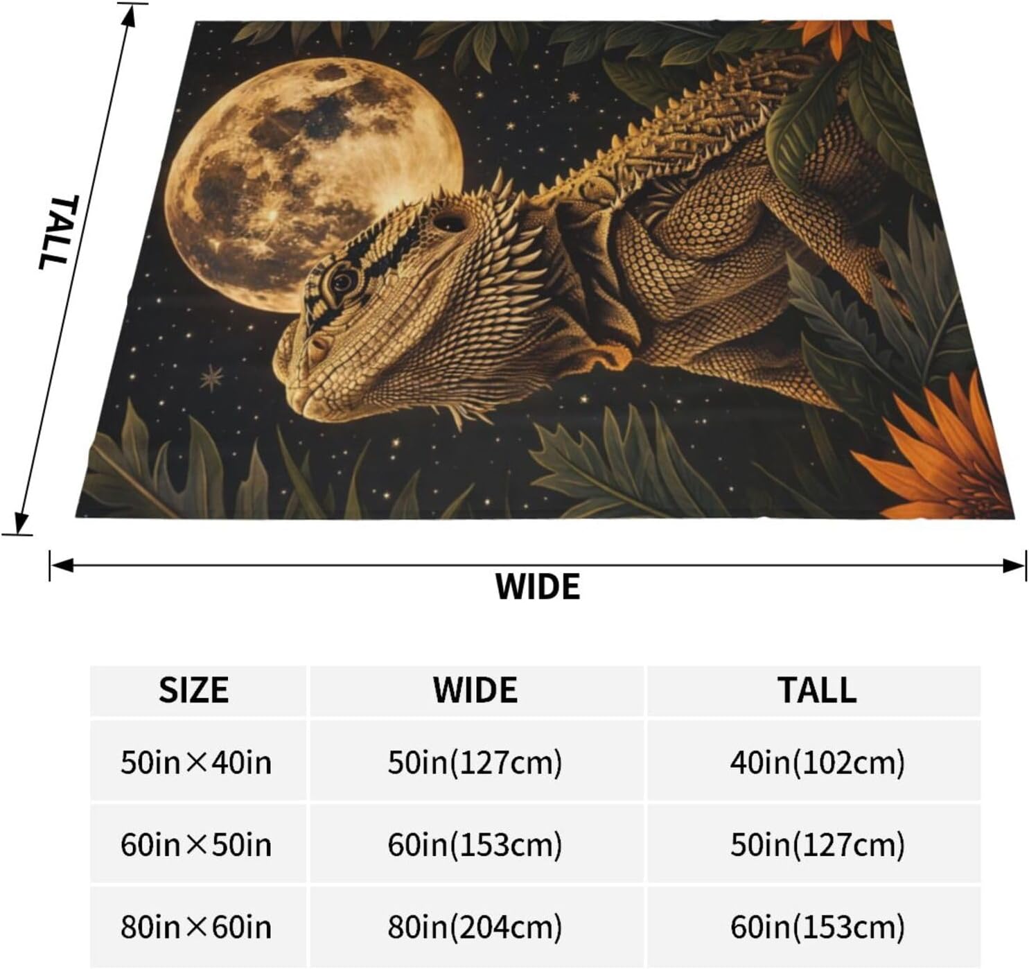 Bearded Dragon Blanket, Gifts for Women, Full Moon Reptile Art Soft Lightweight Throw Blankets for Kids Girls, Travel Bed Living Room Decor, 60x80in image 3
