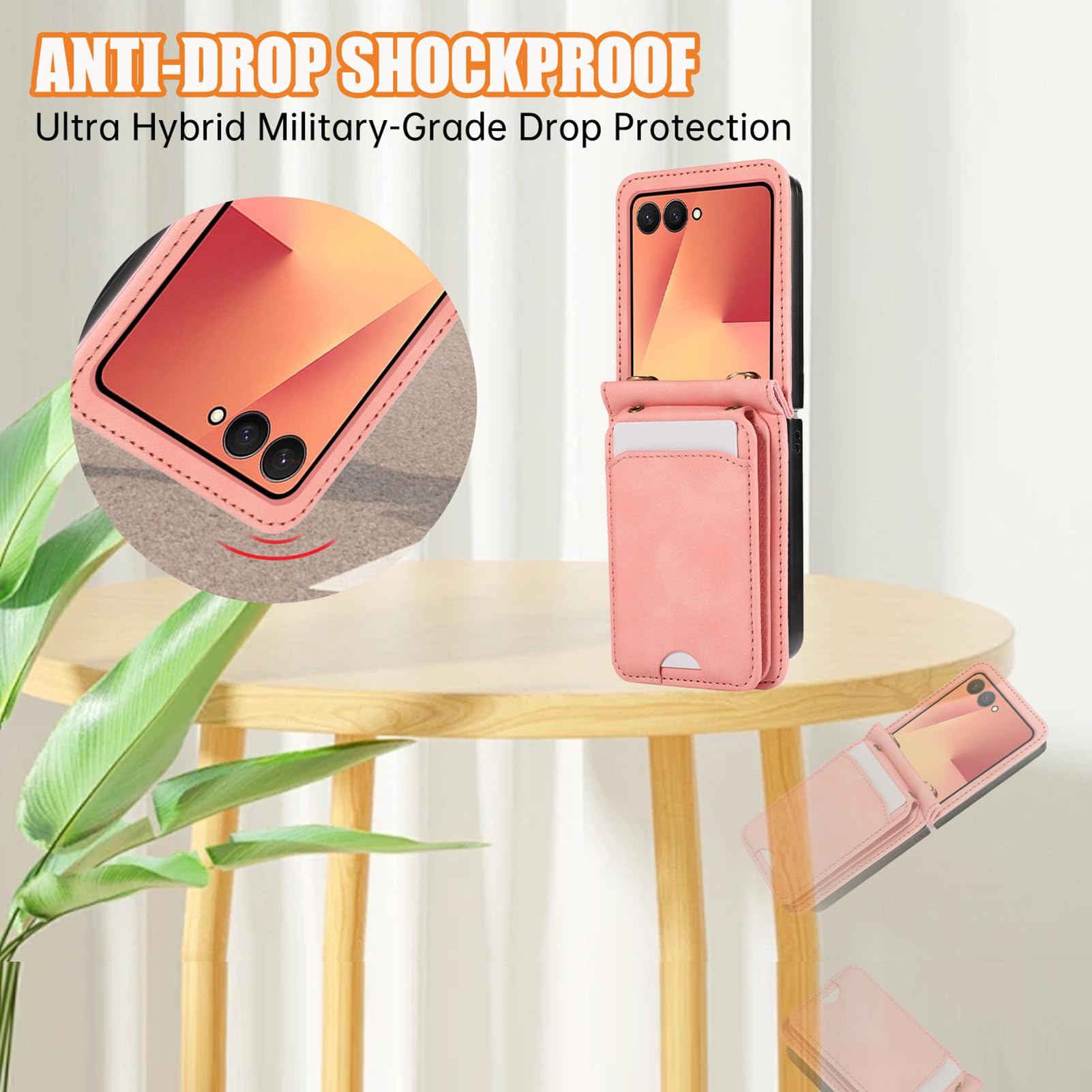 Etui crossbody do Samsung Galaxy Z Flip 8, etui na karty folio matowe etui skórzany długi pasek na ramię, mosiądz, Flip 8