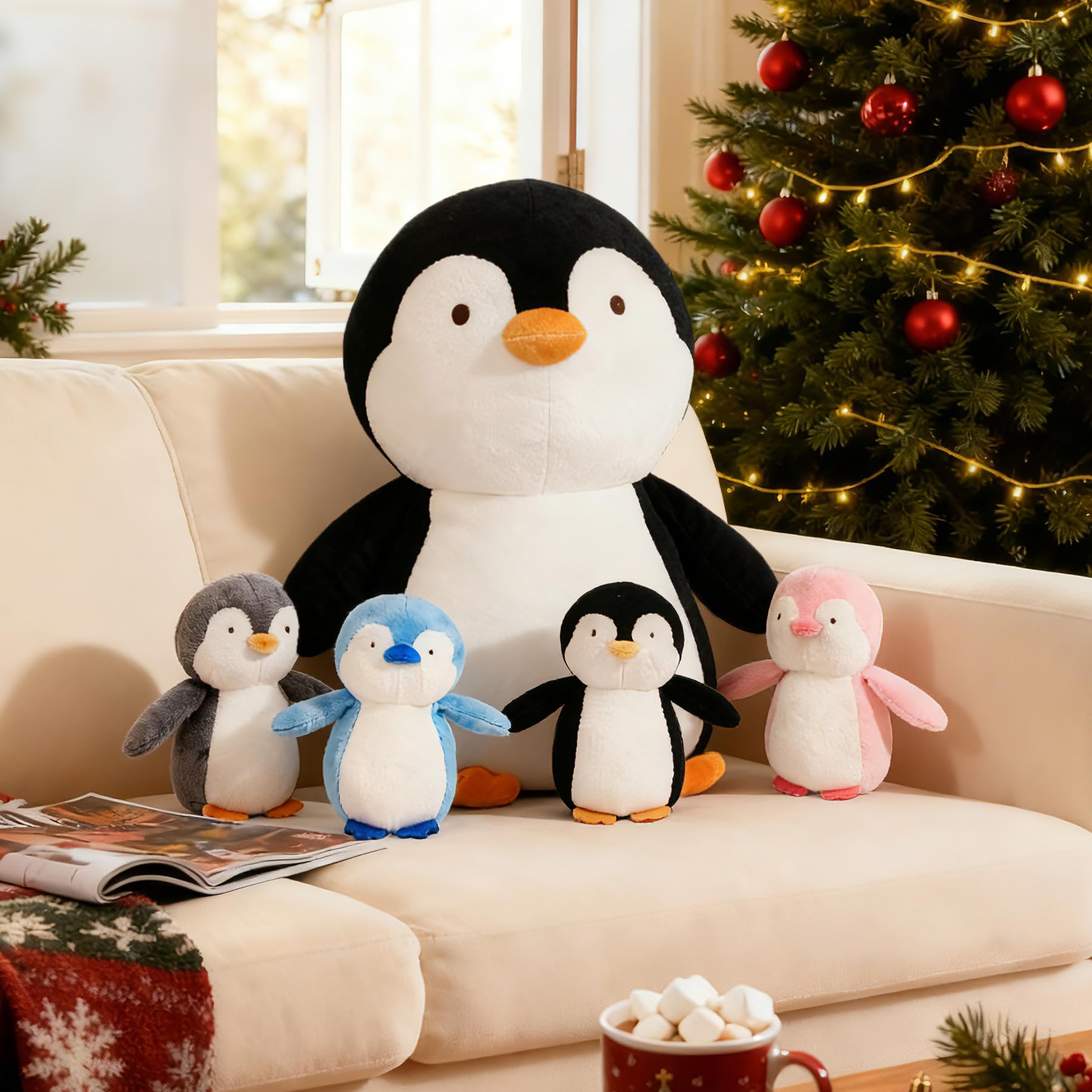 5 Pieces Penguin Stuffer Animals Set, Giant 16 Inch Mommy Penguin Plush Toy with 4 Cute Babies Plushies in Her Zippered Tummy, Gifts for Kids Girls Boys, Birthday, Christmas