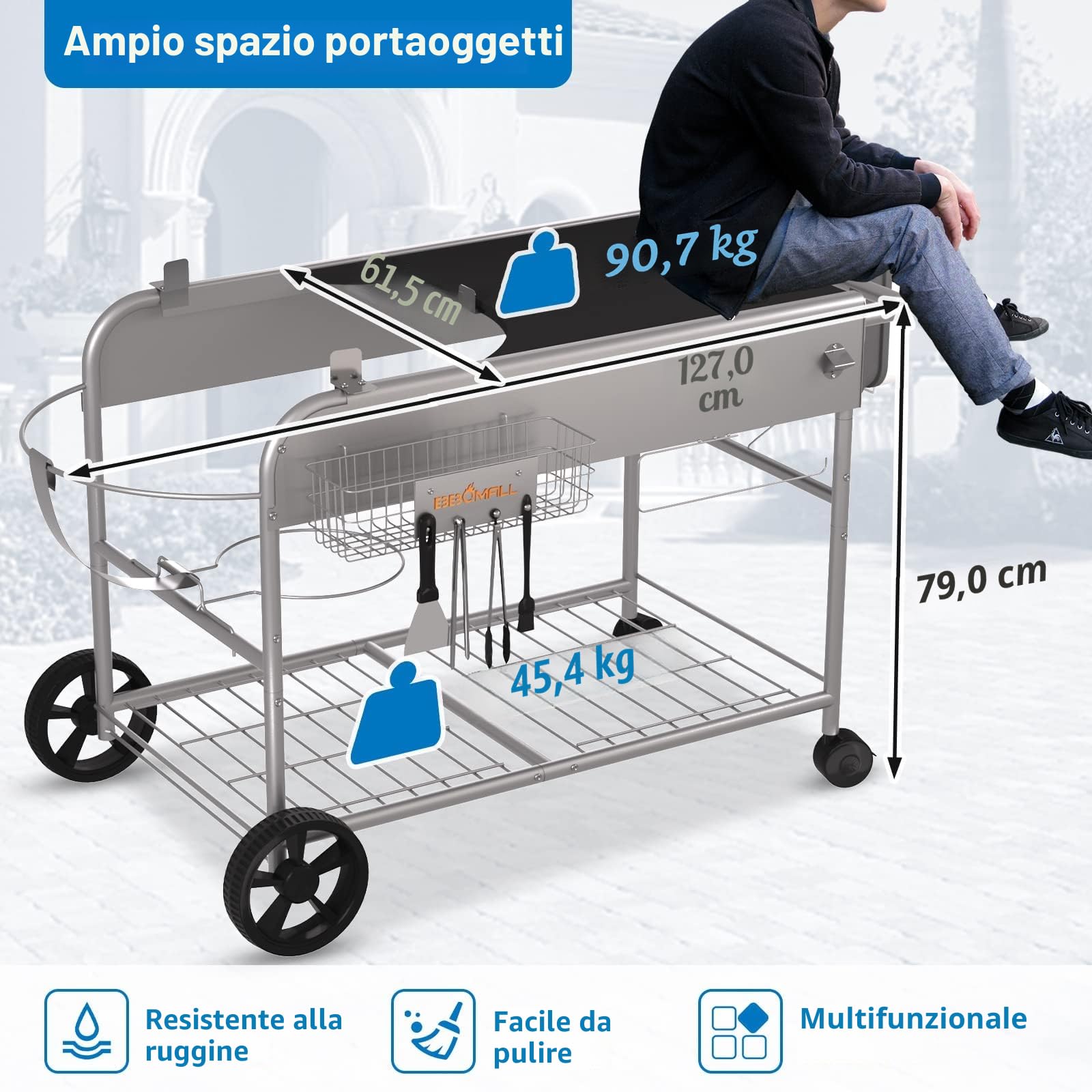 GFTIME Tavolo da Grill in Acciaio Inox Carrello da Grill per Weber 47 cm & 57 cm Original Kettle, Premium, Master Touch, Jumbo Joe Barbecue a Carbonella, Performer Barbecue a Carbonella con Supporto