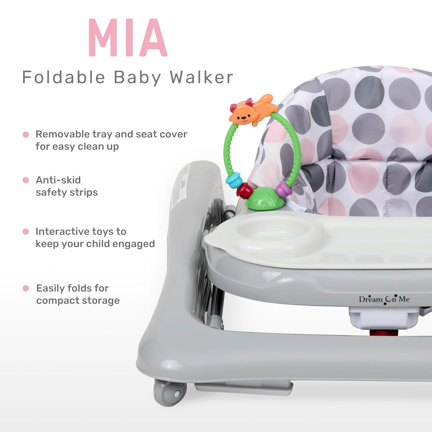 Dream On Me Mia Foldable Baby Walker in Grey, Foldable Walker with Adjustable Heights, Removable, Machine Washable High-Back Padded Seat, Suitable for 6-12 Months