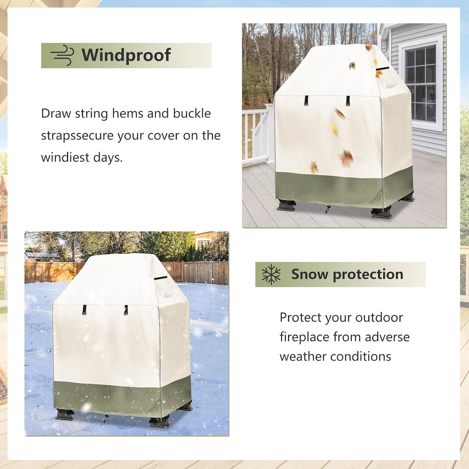 Outdoor Fireplace Cover,Heavy Duty 600D Oxford Waterproof Wood Burning Fire Pit Cover for Panovue Chiminea Fire Pits & Square Chimineas Fireplace,32"L × 24"W × 45"H,Beige and Grayish Green