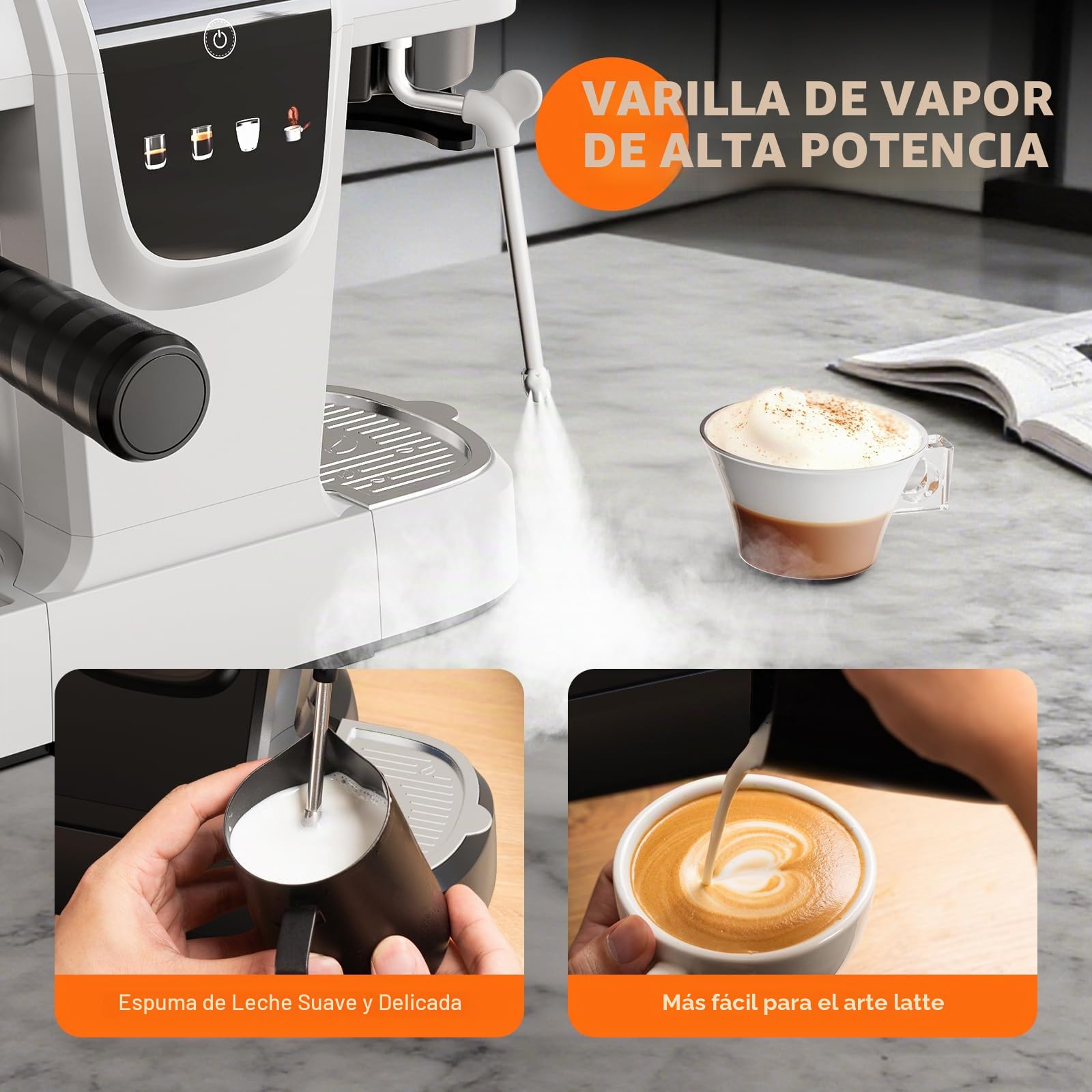 RECAFIMIL Máquina de espresso de 19 bares con molinillo de granos, cafetera 2 en 1 para café molido, capuchino y latte con espumador de leche, panel táctil, depósito de agua extraíble (blanco)