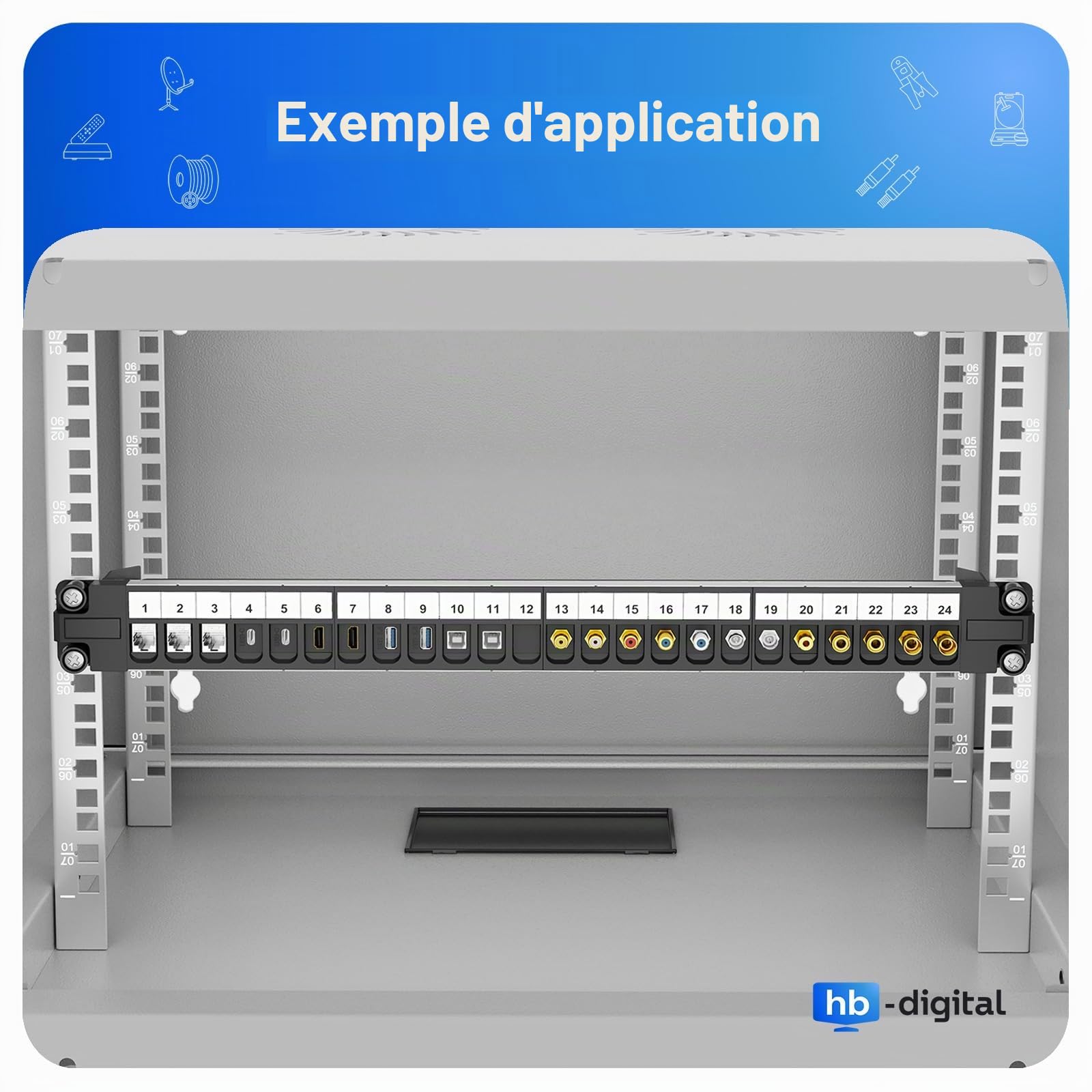 hb-digital Panneau de raccordement modulaire 24 ports pour module Keystone RJ45 19" CAT 5 CAT 6 CAT 7 pour armoire réseau LAN Professional TIA568A TIA568B Switch câble de terre - Noir