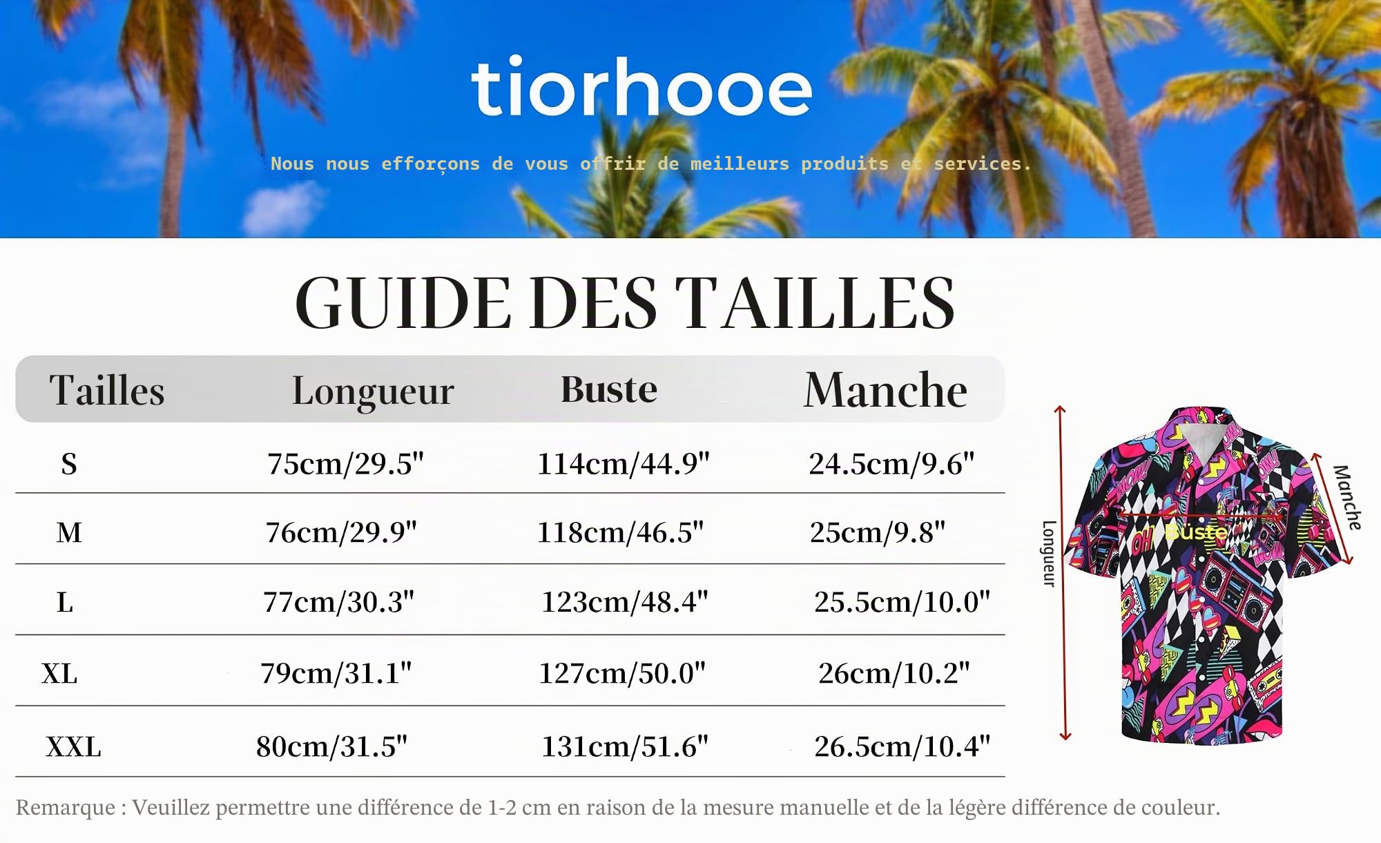 tiorhooe Chemise hawaïenne rétro des années 80 pour homme - Manches courtes - Boutonnière