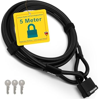 KOHLBURG Cable Lock 5 m Long   Lock Easy to Lock without Key   Steel Cable 5 m for Bicycle with Fasteners   Steel Cable 500 cm for Garden Furniture & as a Bicycle Lock