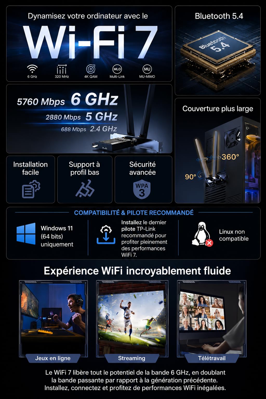 TP-Link Carte WiFi 7 PCIe BE9300 avec Bluetooth 5.4, Archer TBE552E | Tri-bande 6 GHz, MLO, antennes haut gain, idéal gaming/streaming 8K, pour Windows 11 (64 bits) uniquement