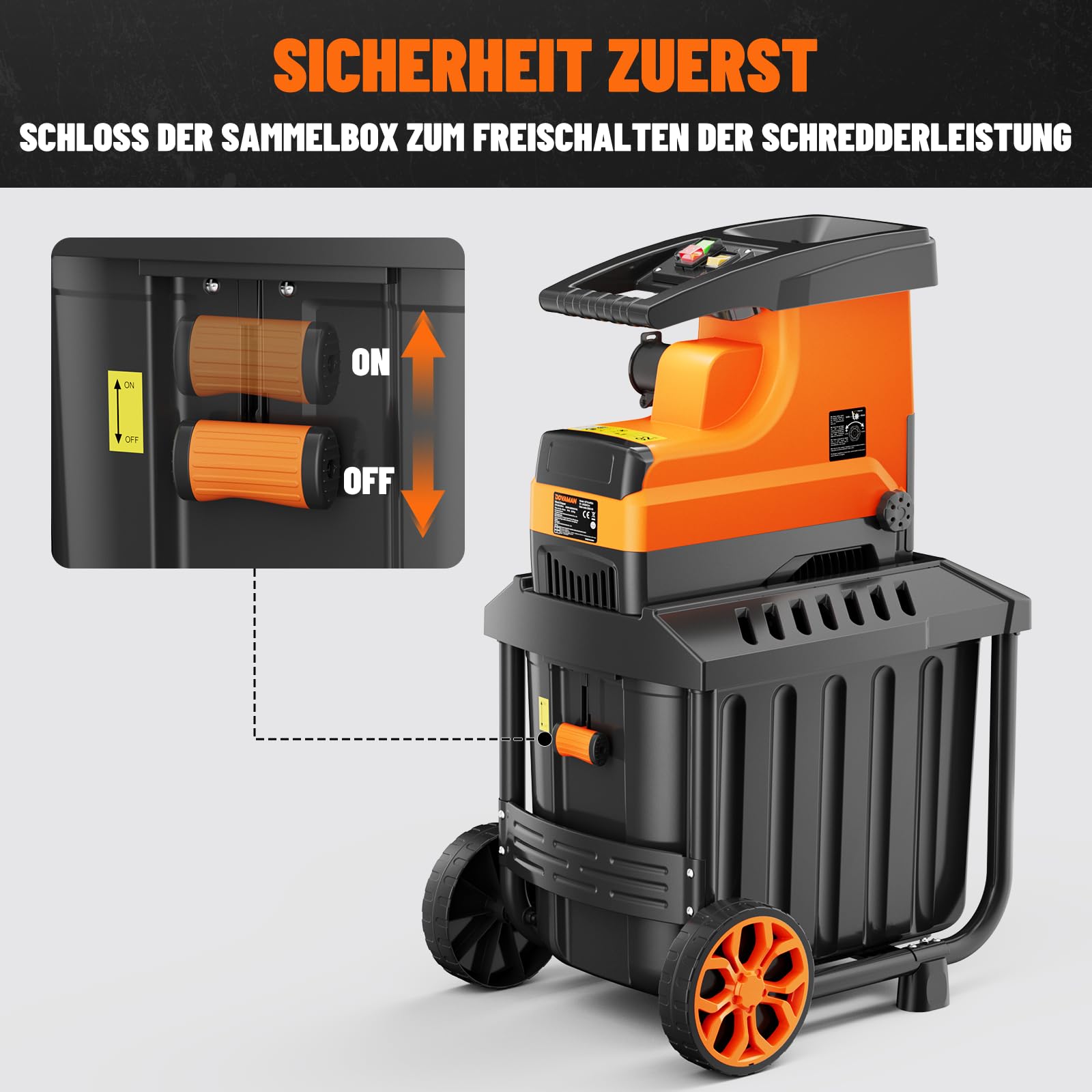 DOVAMAN GT10 APEX Gartenhäcksler, 2800W Bürstenloser Motor, 400Nm Drehmoment, 6-Zahn-Walzenmesser, bis 45mm, 60L Box
