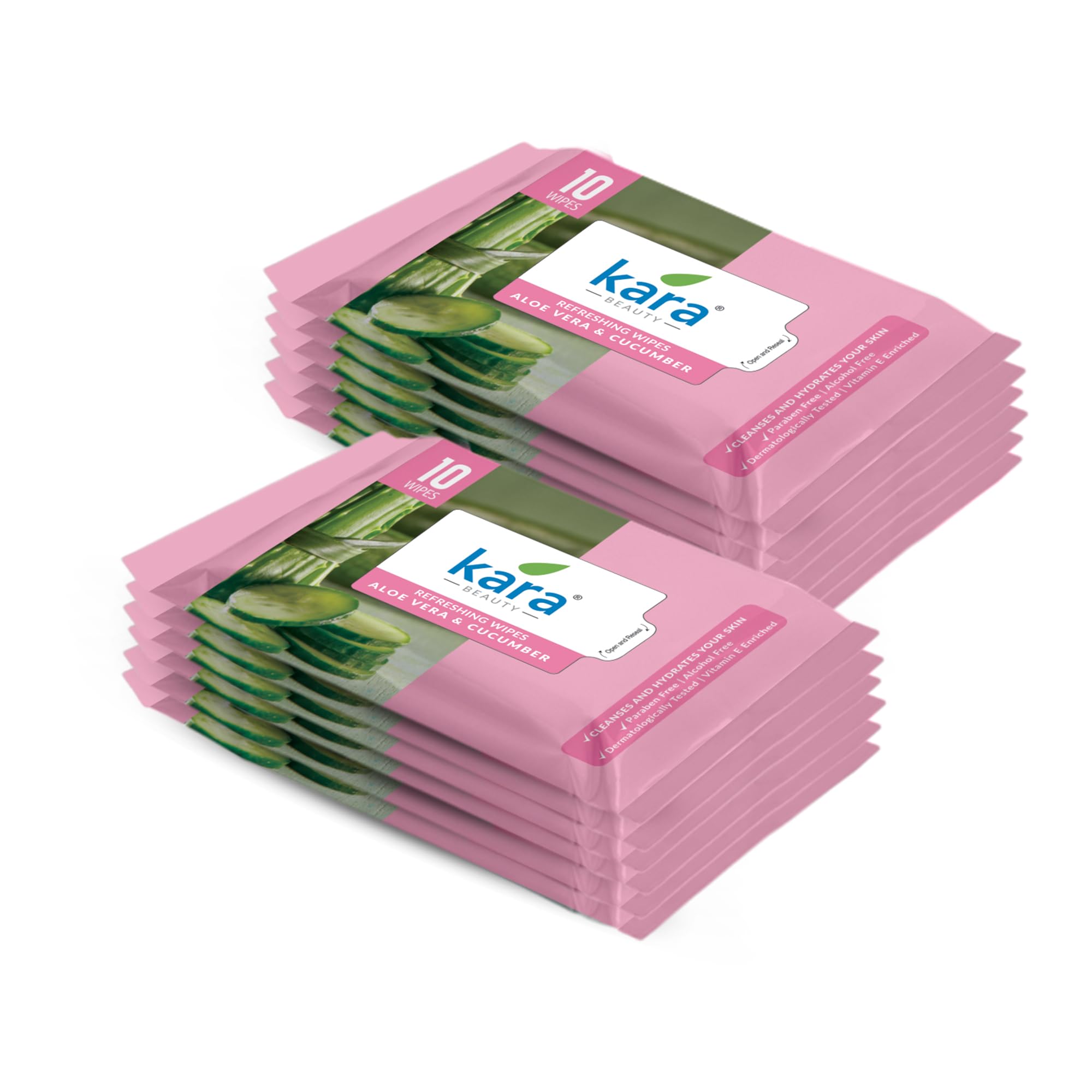 Kara Beauty Refreshing Wipes with Aloe Vera & Cucumber - 10 N Each (Pack of 12, 120 Pulls) | Paraben & Alcohol Free | Travel-Friendly Facial Cleansing & Makeup Remover Wipes