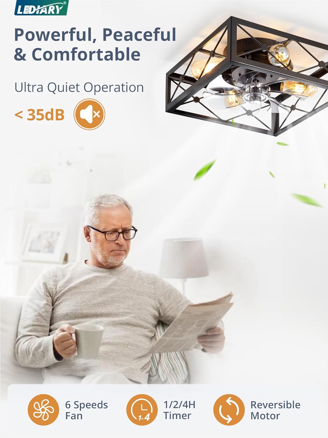 LEDIARY Caged Flush Mount Ceiling Fans with Lights and Remote, Black Square Rustic Low Profile Ceiling Fan, 6 Speed and Reversible, Small Farmhouse Bladeless Ceiling Fan for Bedroom, Kitchen, Indoor