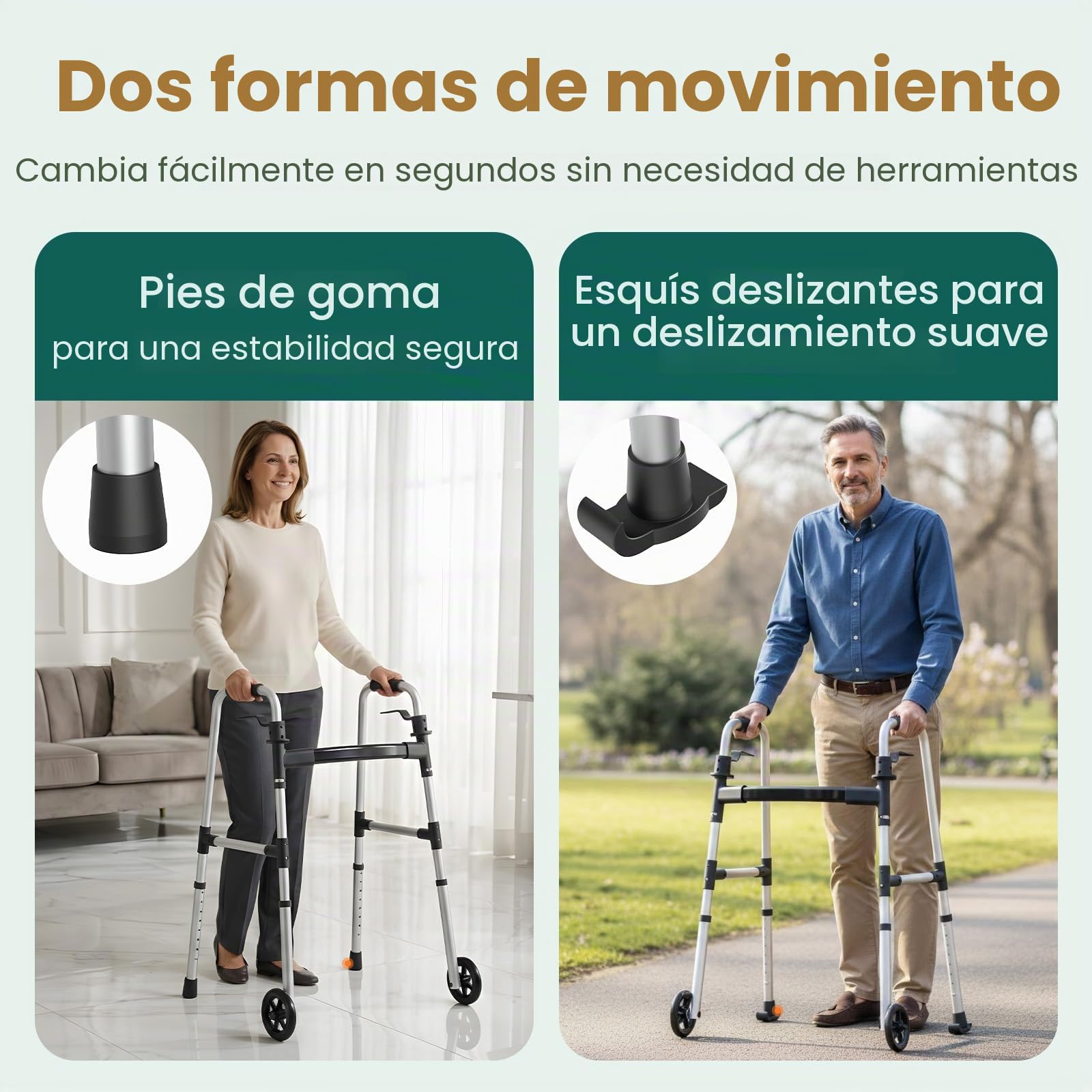 LW01 Andador Plegable con Ruedas para Mayores, Ayuda de Movilidad 2 en 1 con Conteras de Goma y Deslizadores, 8 Ajustes de Altura, Aluminio Ligero hasta 136 kg, Interior/Exterior