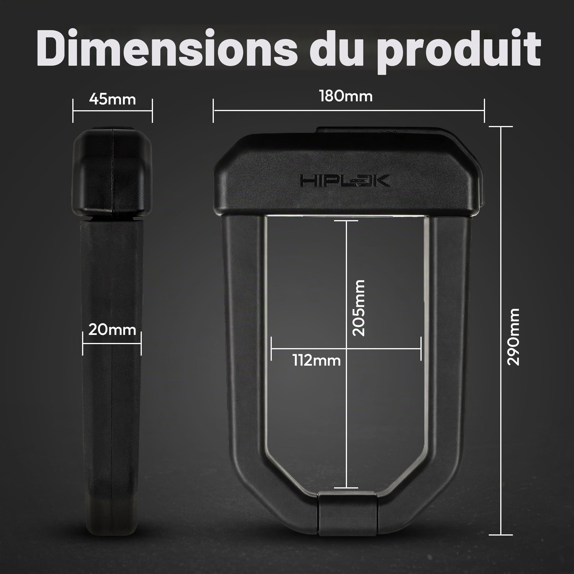 Hiplok D1000, Antivol en U, Unisex, ALL BLACK, Zone de fermeture : 15,5 cm x 9,2 cm