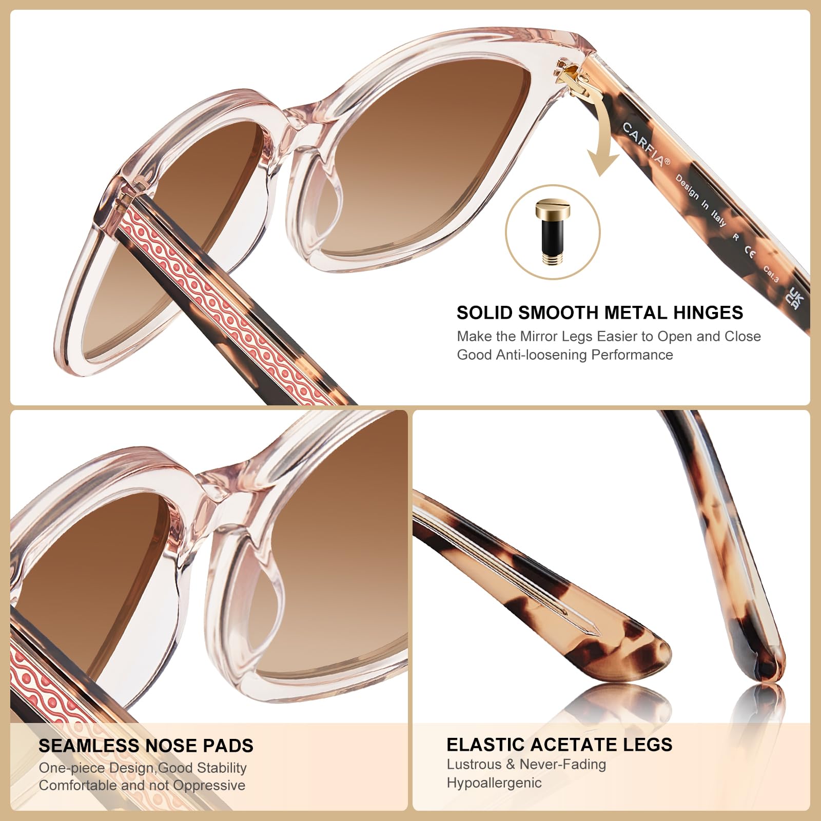Carfia Occhiali da Sole Cat Eye da Donna Polarizzati Protezione UV Montature in Acetato Ipoallergeniche Fatti a Mano Stile Elegante Quotidiano e Retro CA5398
