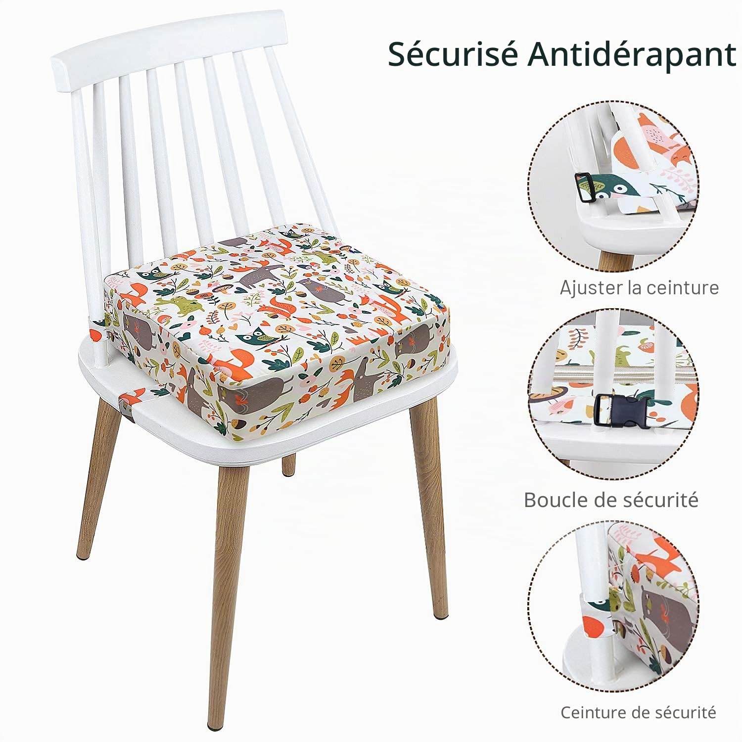 Rehausseur Chaise Enfant Coussin, en Toile de Coton Lavable avec 2 Sangles, Boucle de Sécurité, Motif de Dessin Animé Pour Enfant (Animaux-Blancs) 111